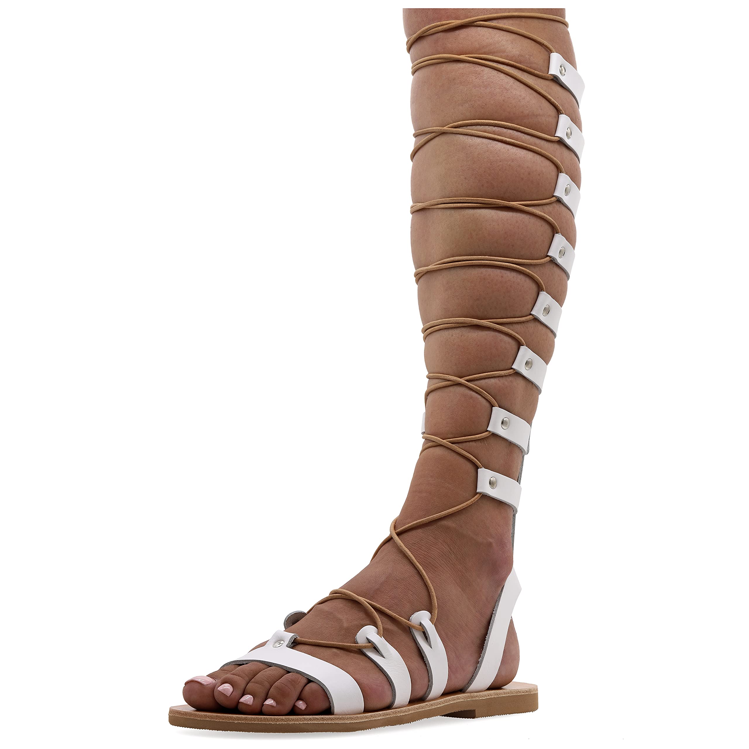 Handmade Ancient Greek Style Knee High Leather Gladiator Sandals for Women | Open Toe Strappy Flat Sandals with Tie-Up Design in Rose Gold, Silver, White & Black | Perfect for Summer, Boho Chic Fashion & Costume Parties