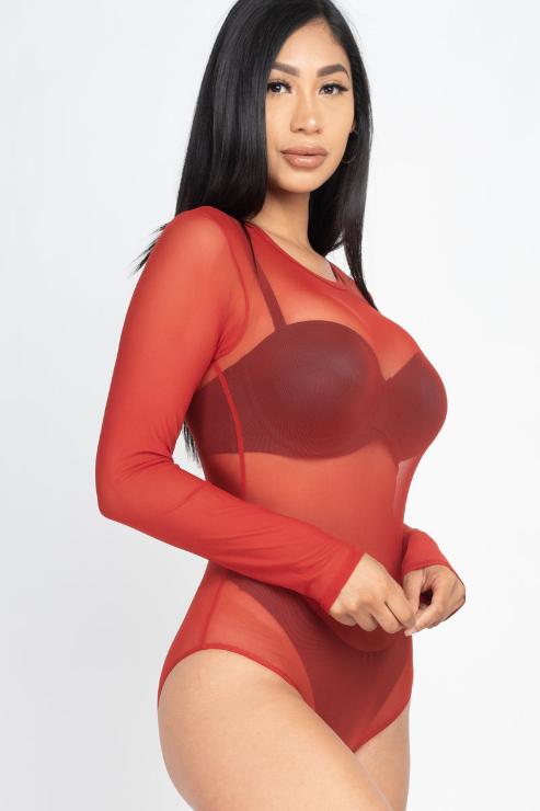 Sexy Sheer Mesh Long Sleeve Bodysuit for Women - Stretchy Lingerie Bodysuit with Thong Bottom - Perfect for Date Night, Club Wear & Boudoir Photography