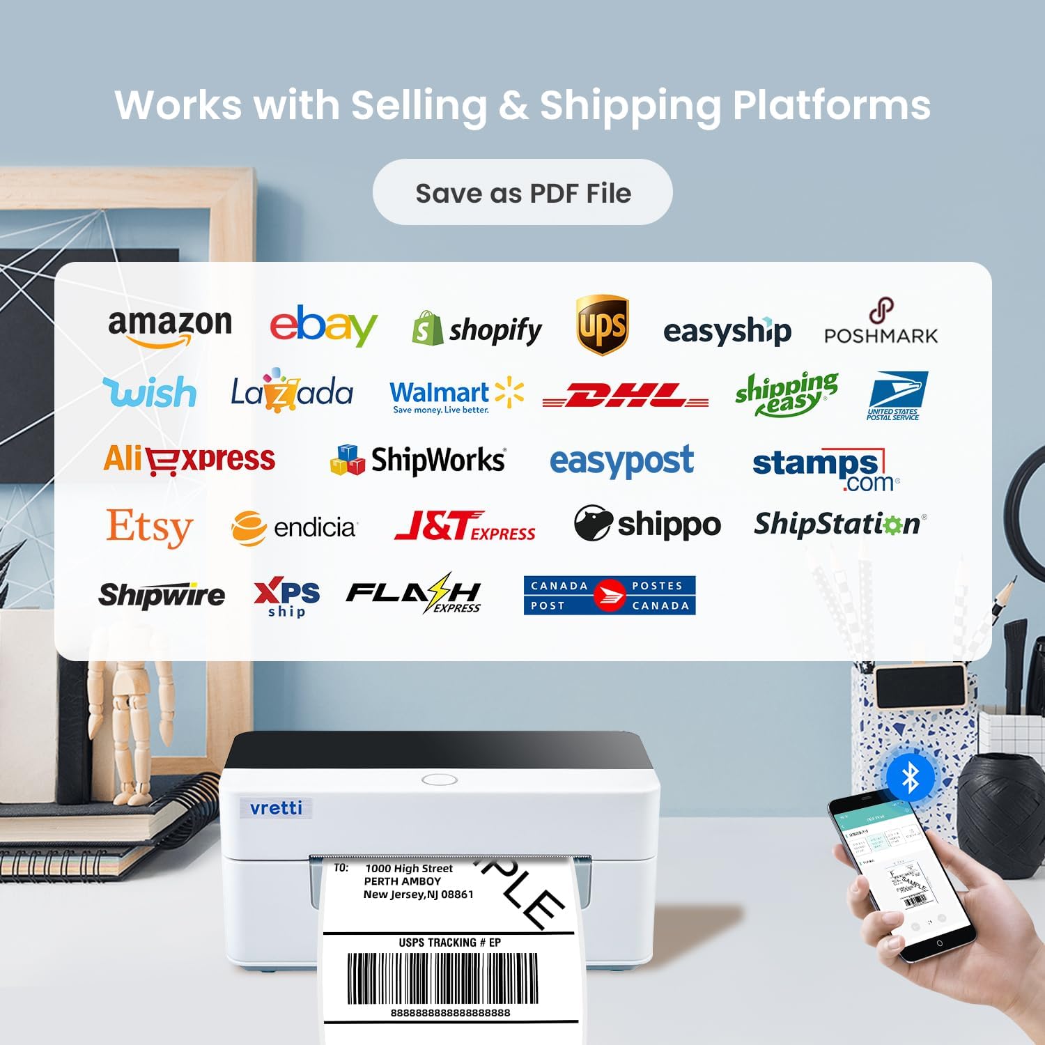 Vretti Bluetooth Thermal Label Printer 4x6 - Wireless Shipping Label Printer for USPS, UPS, FedEx | Compatible with iPhone, Android, Windows & Mac | Perfect for Small Business, E-commerce & Home Shipping