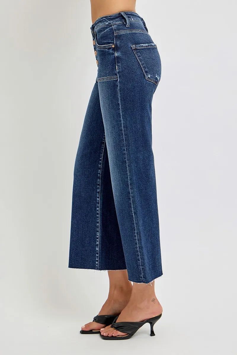 RISEN High Rise Crop Wide Leg Button Up Jeans for Women - Trendy Distressed Denim Pants for Casual Outfits & Street Style Fashion