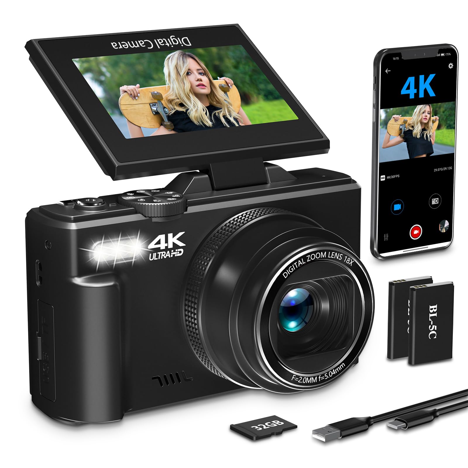 4K Digital Camera for Photography & Vlogging - 64MP HD WiFi Compact Camera with 3