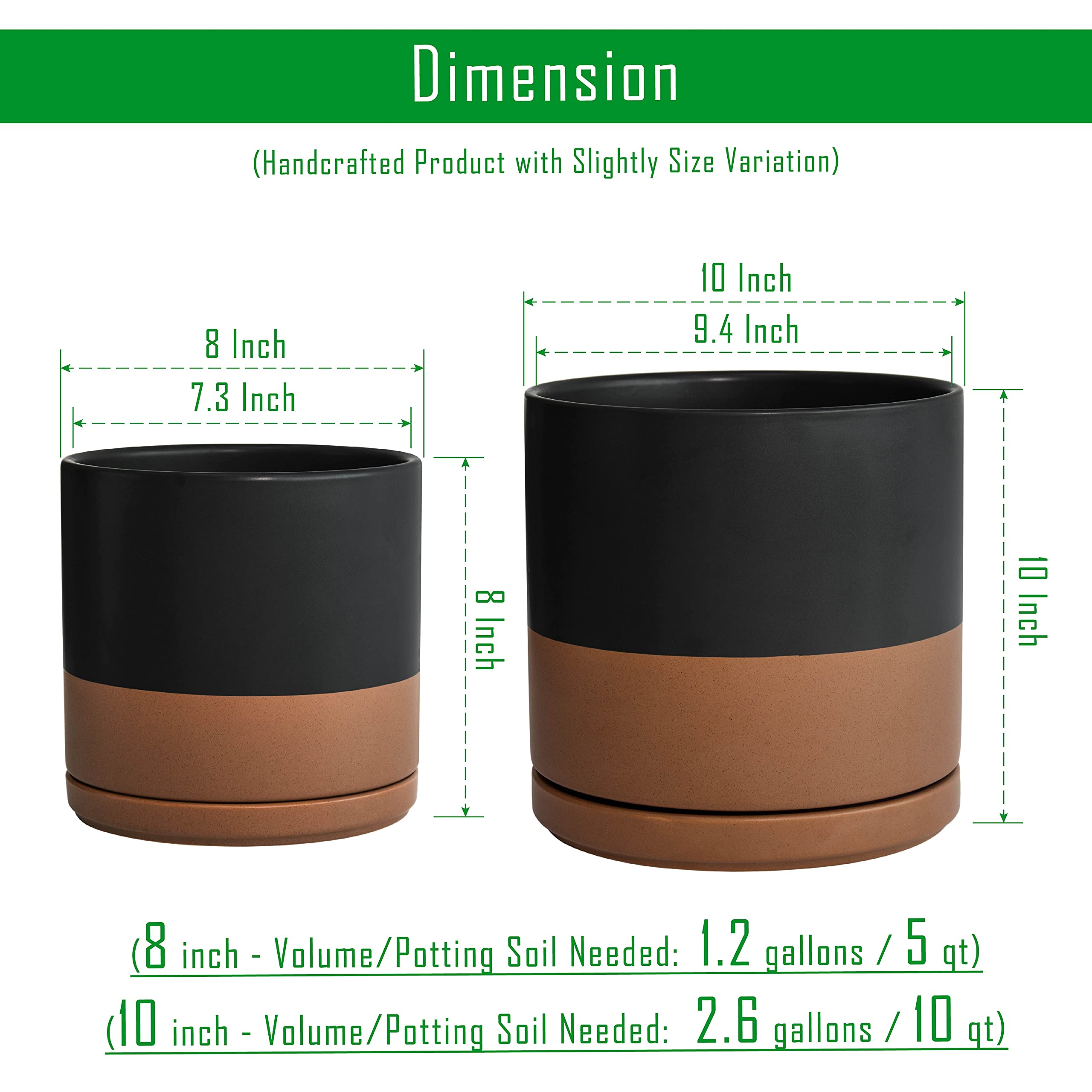 8 Inch & 10 Inch Ceramic Plant Pots with Drainage Hole and Saucer - Large Flower Planters for Indoor Outdoor Home Garden Decor (Black/Speckled Tan) - Perfect for Succulents, Herbs, and Houseplants