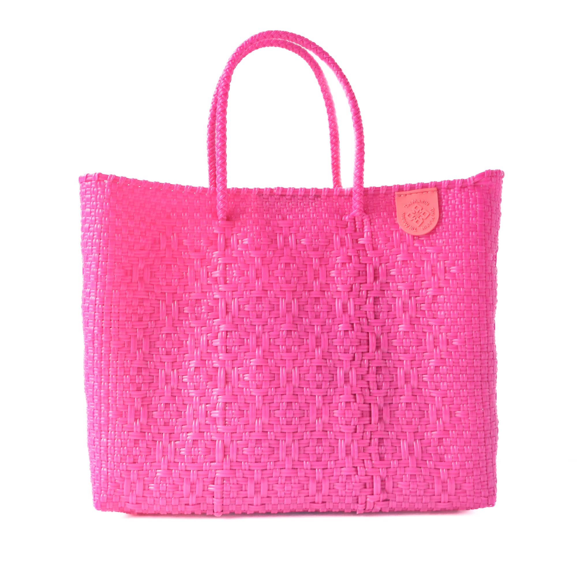 Vallarta Medium Woven Crossbody Bag with Detachable Mesh Pouch - Hot Pink Fuchsia Recycled Plastic Beach Purse | Mexican Artisan Made Handbag for Women | Perfect for Travel, Shopping & Resort Vacations