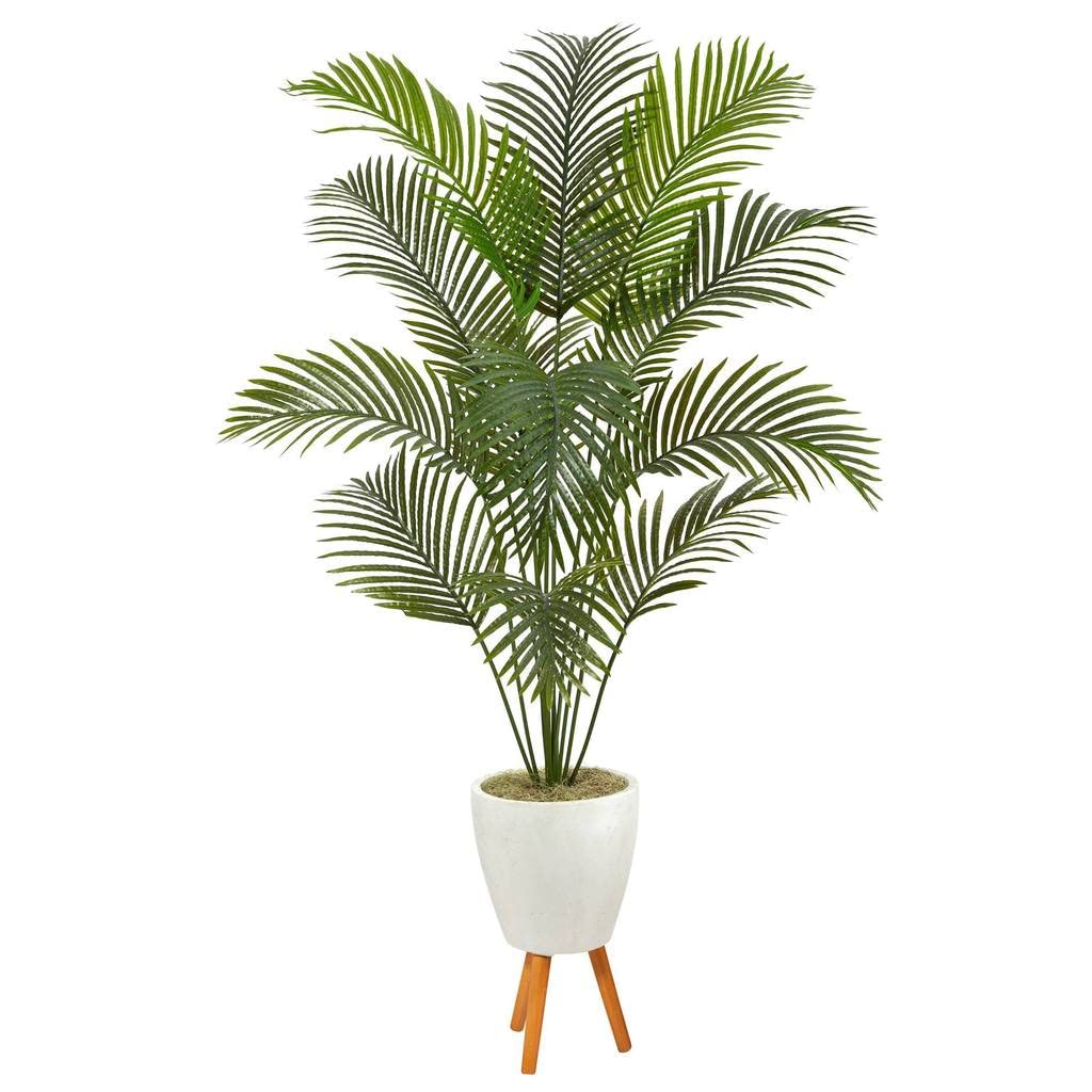Nearly Natural 6.5ft Artificial Golden Cane Palm Tree with White Planter & Stand - Perfect for Indoor Home Decor, Office Plants, and Tropical Themed Parties