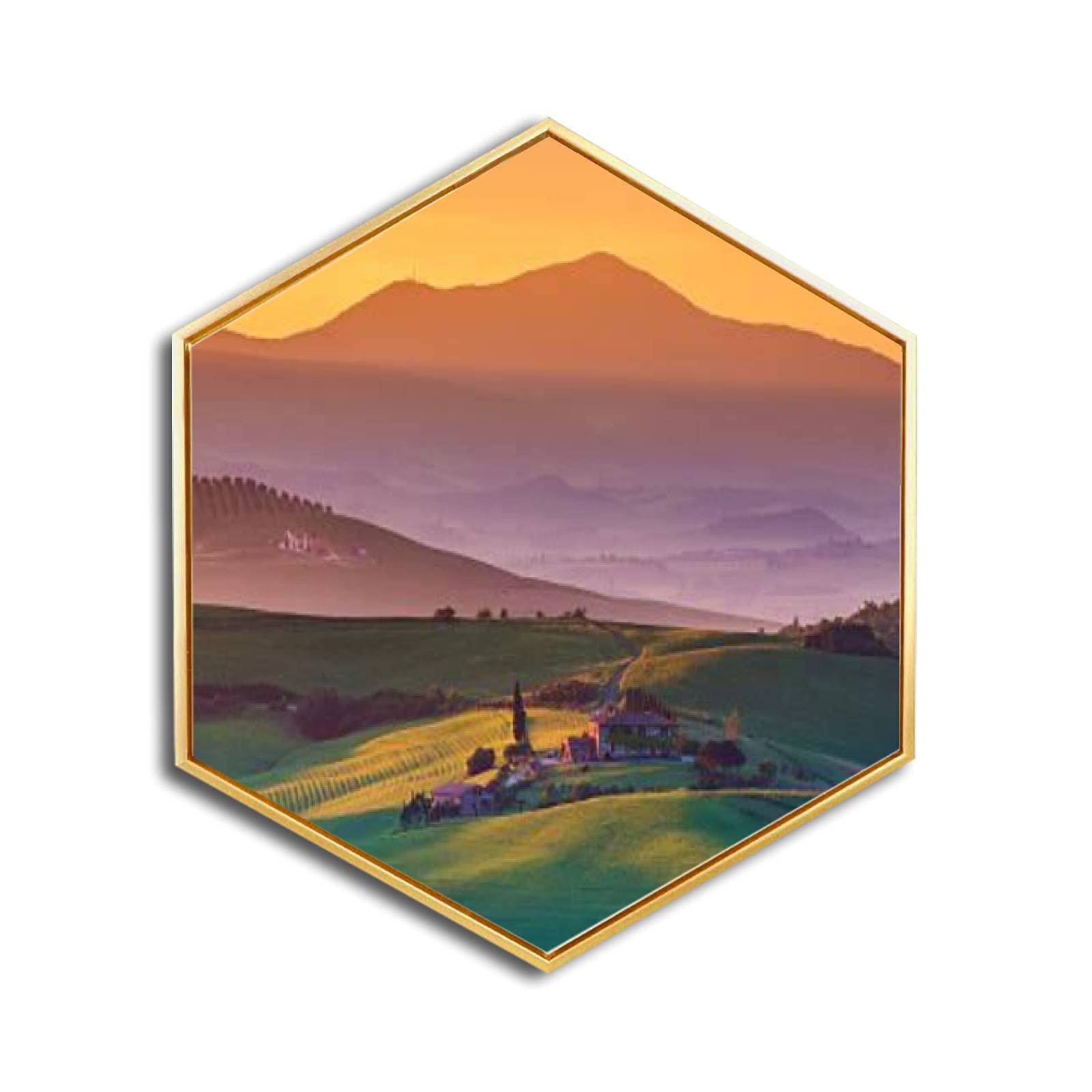 Sunrise in Tuscany Canvas Wall Art - Golden Framed Giclee Print - Modern Minimalist Hexagon Wall Decor for Home & Office - Ready to Hang - Perfect for Living Room, Bedroom or Workspace