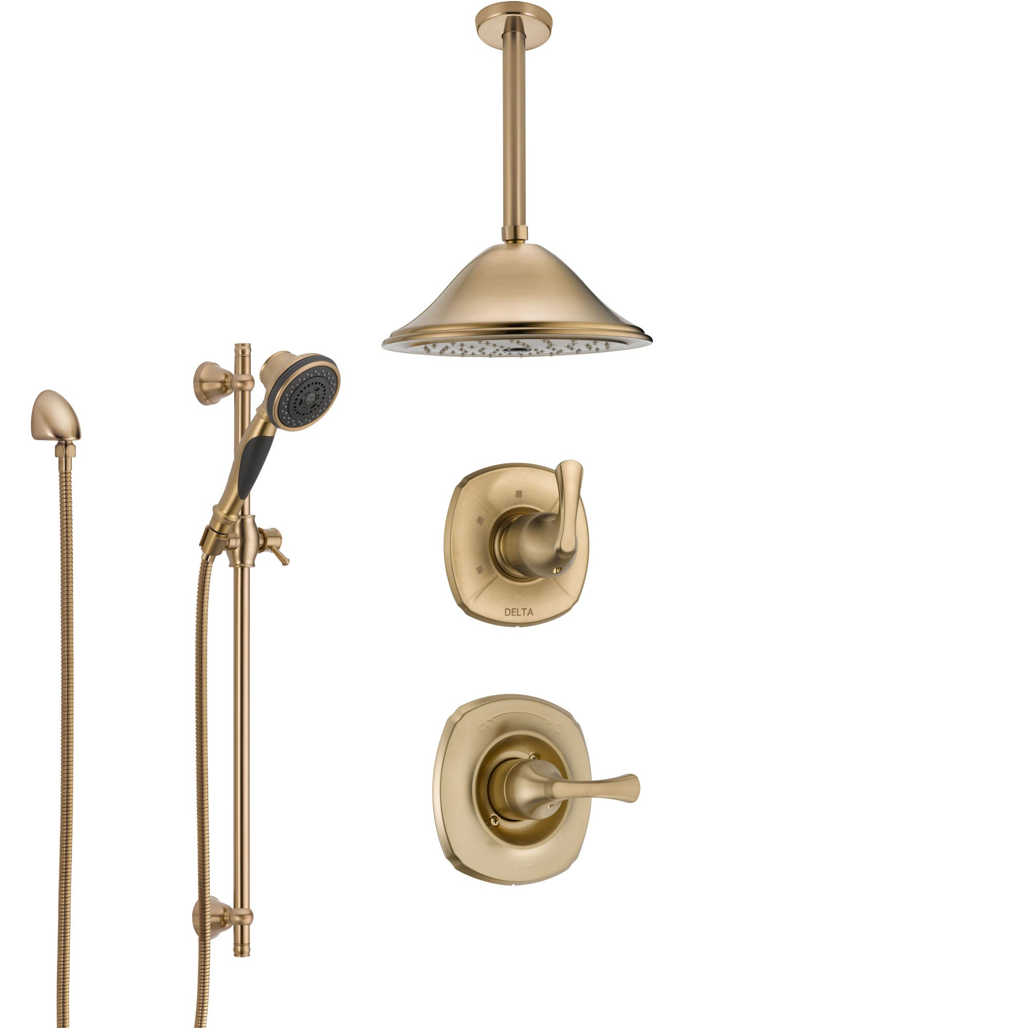 Delta Addison Champagne Bronze Shower System with Control Handle, Diverter, Ceiling Mount Showerhead & Hand Shower with Slide Bar - SS1492CZ4 | Luxury Bathroom Upgrade for Spa-Like Experience