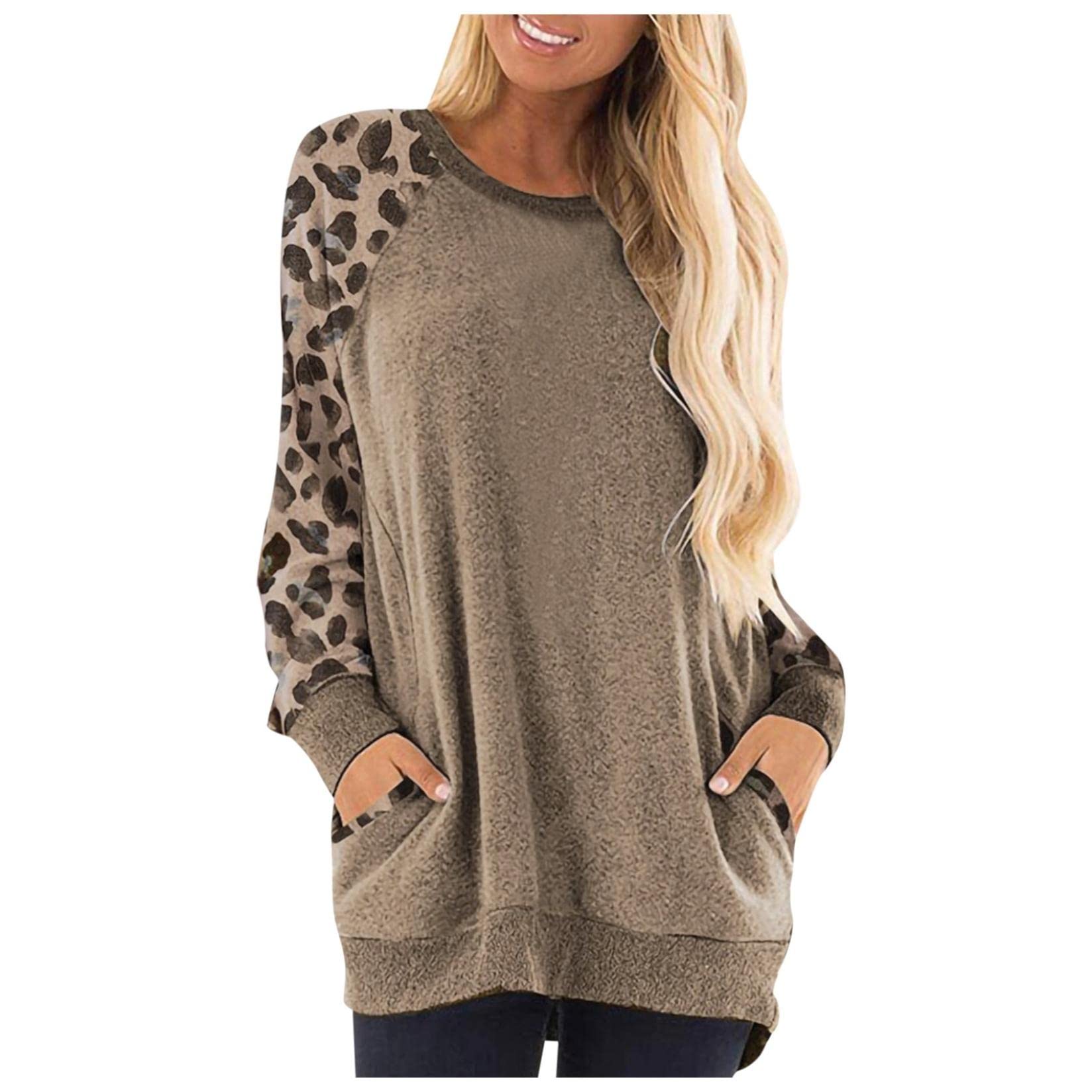 FMCHICO Women's Casual Color Block Long Sleeve Round Neck Pocket T-Shirt - Stylish Blouse & Sweatshirt Alternative for Everyday Wear, Work & Weekend Outfits