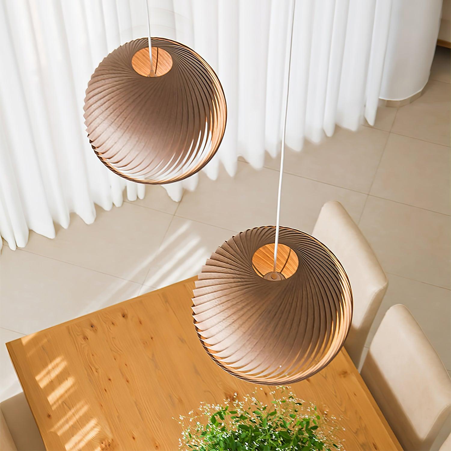 Aurora Whorl Wood Pendant Lamp - Handcrafted Wooden Hanging Light Fixture for Dining Room, Bedroom, or Living Room Decor - Natural Boho Style Ceiling Light for Home and Office
