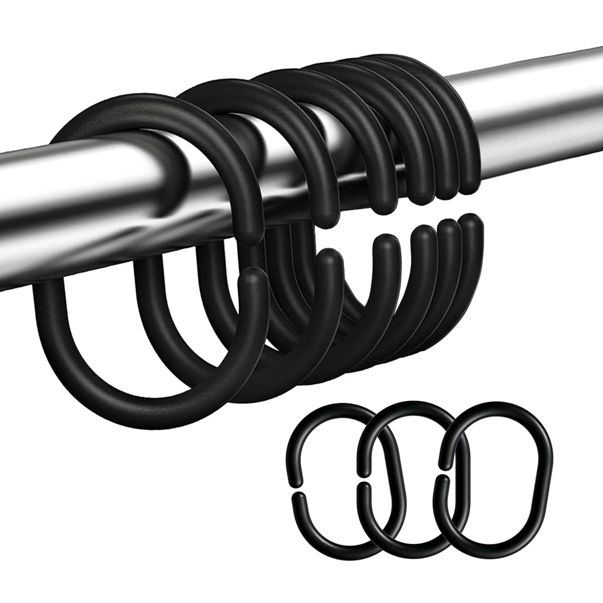 24 Pack Black Plastic Shower Curtain Hooks - Rustproof C-Shaped Hanging Rings for Bathroom, Shower & Window Rods - Durable Curtain Accessories for Home, Hotel & Apartment Use