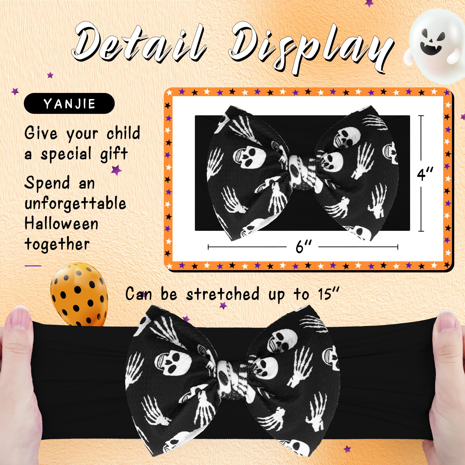 Halloween Hair Bows for Baby Girls - Pumpkin & Black Ghost Printed Headbands | Soft Nylon Hair Accessories for Newborns & Toddlers | Perfect for Halloween Costumes, Photo Shoots & Party Outfits