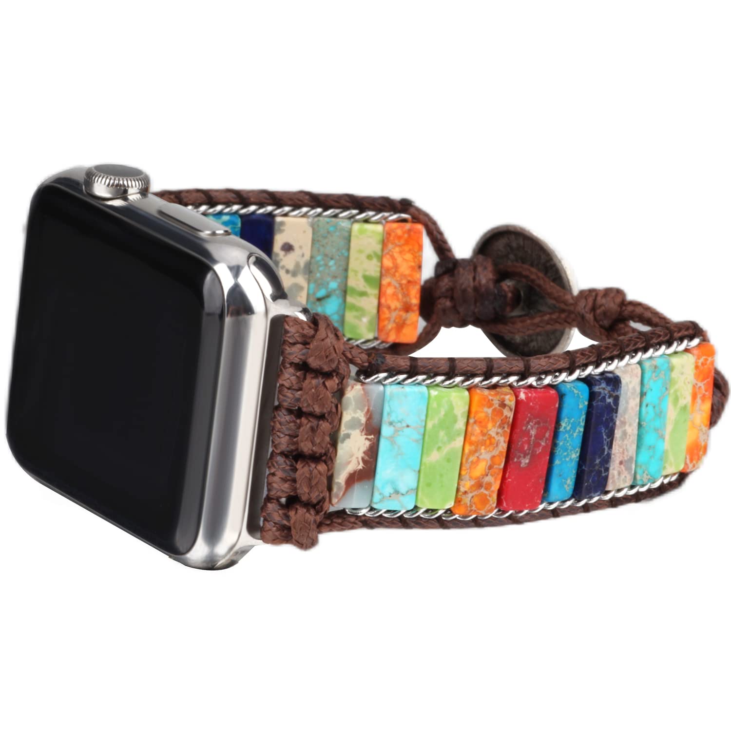 Handmade Boho Natural Stone Apple Watch Band - Compatible with 38mm 40mm 41mm 42mm 44mm 45mm 49mm Ultra & All Series (SE/SE2/8/7/6/5/4/3/2/1) - Stylish Unisex Bracelet Replacement for Workout, Office & Casual Wear