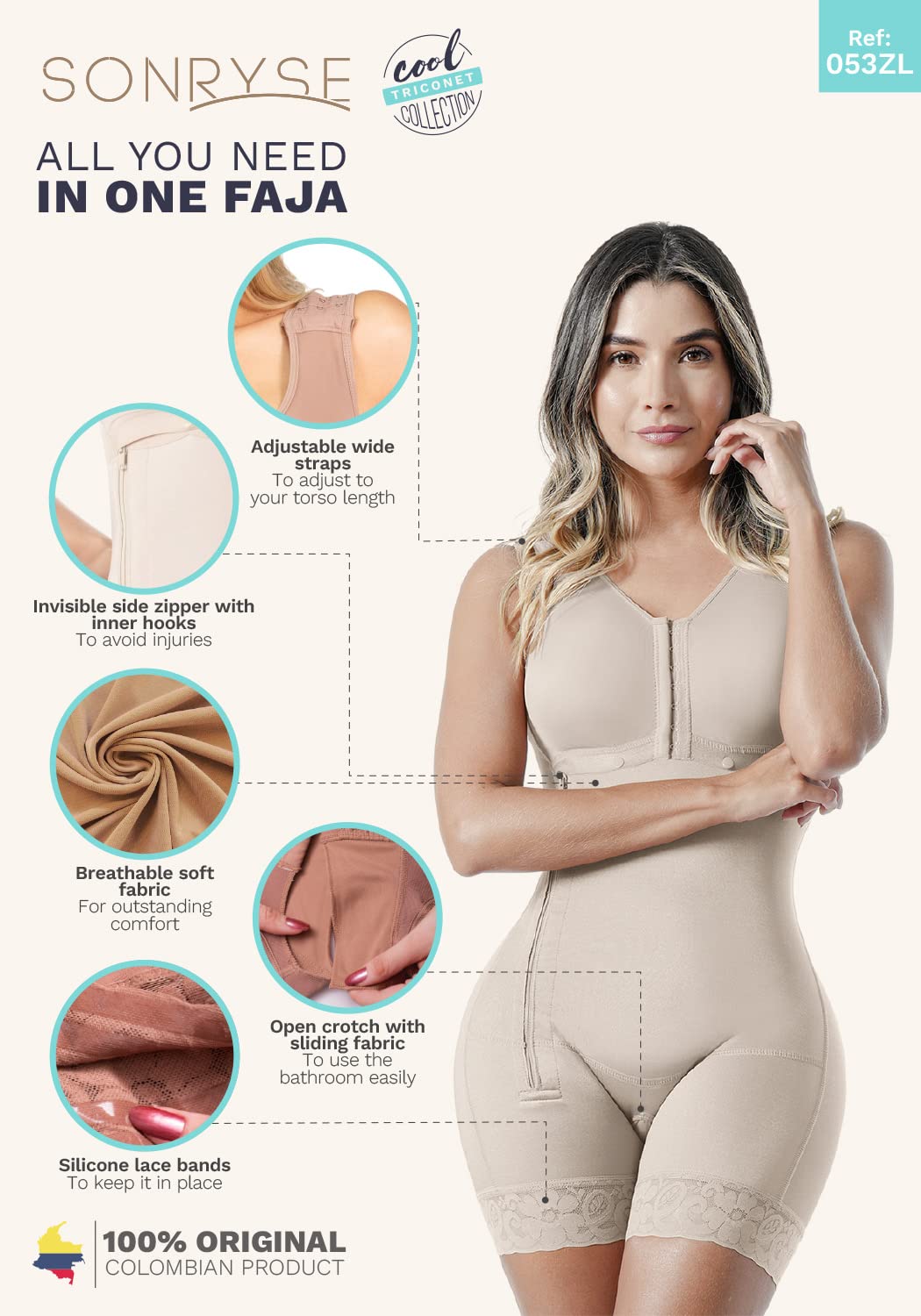 Sonryse TR53ZL Colombian Shapewear for Women - Post-Surgery Fajas Reductoras, BBL & Liposuction Recovery Girdle - Tummy Control & Butt Lifting Waist Trainer for Body Shaping (Ideal for Postpartum, Workouts & Special Occasions)