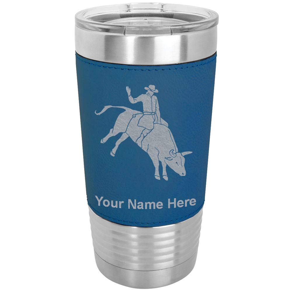 LaserGram 20oz Vacuum Insulated Stainless Steel Tumbler Mug - Bull Rider Cowboy Design with Personalized Engraving - Faux Leather Wrap & Blue Finish - Perfect for Coffee, Tea, or Cold Drinks at Work, Gym, or Outdoor Adventures