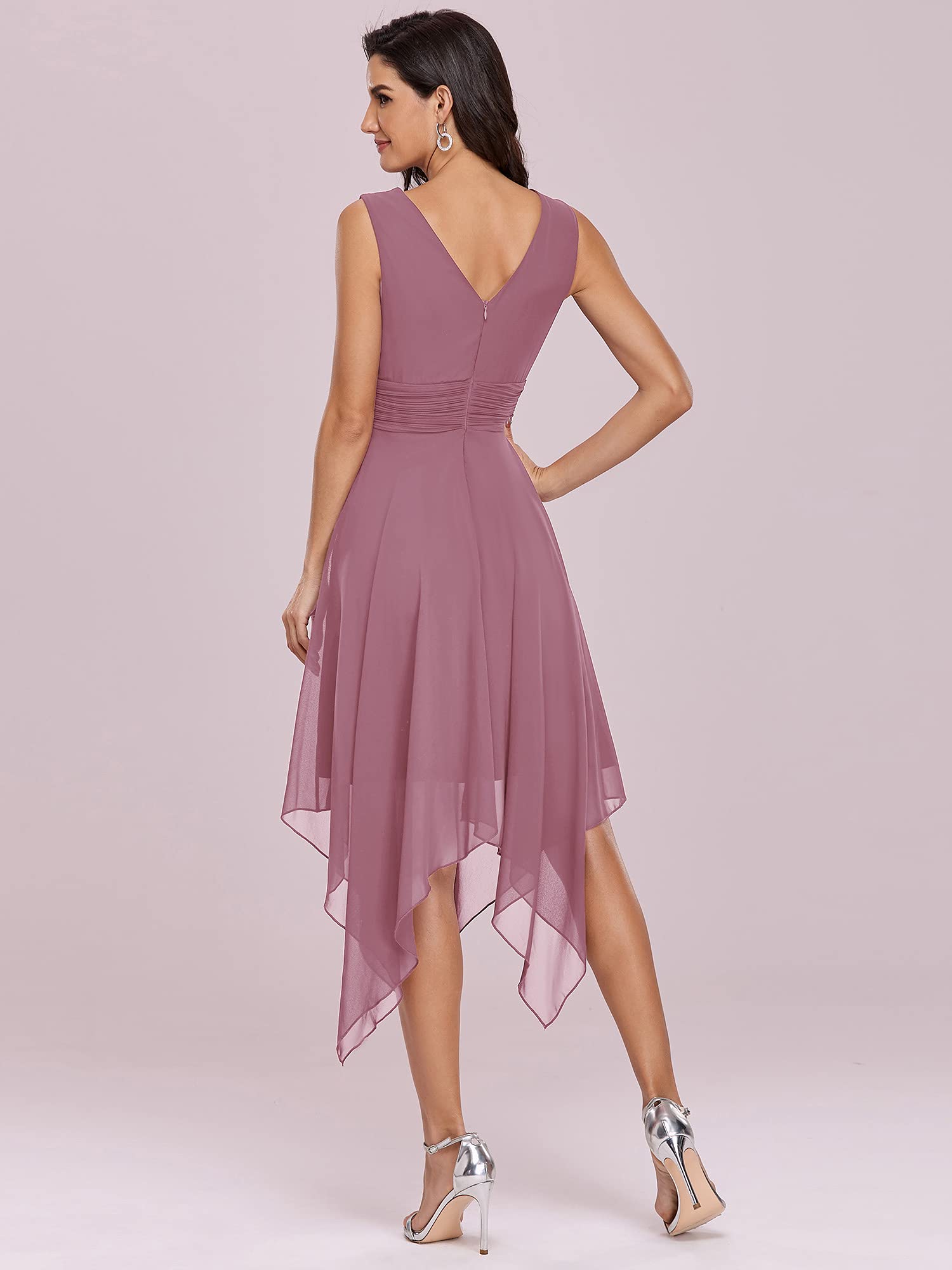 Ever-Pretty Women's V-Neck Pleated Waist Sleeveless Chiffon Cocktail Dress with Irregular Hem - Perfect for Wedding Guest, Bridal Shower, Party & Special Occasions | Style 03142