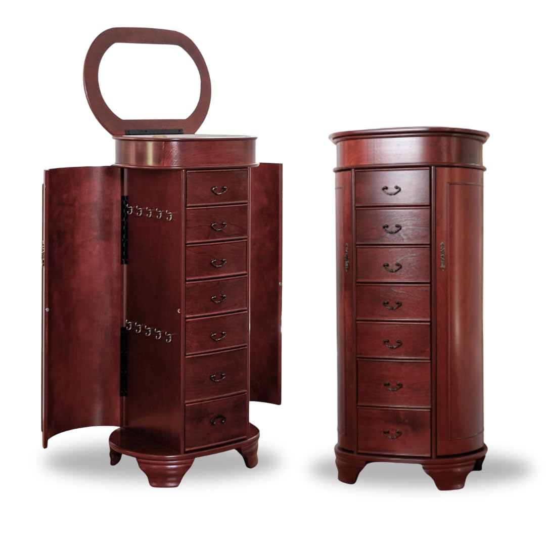 Daley Oval Jewelry Armoire - Stylish Cherry Wood Jewelry Box with Mirror & Drawers for Necklace, Ring & Earring Storage - Perfect for Bedroom Vanity, Closet Organization & Gift Giving