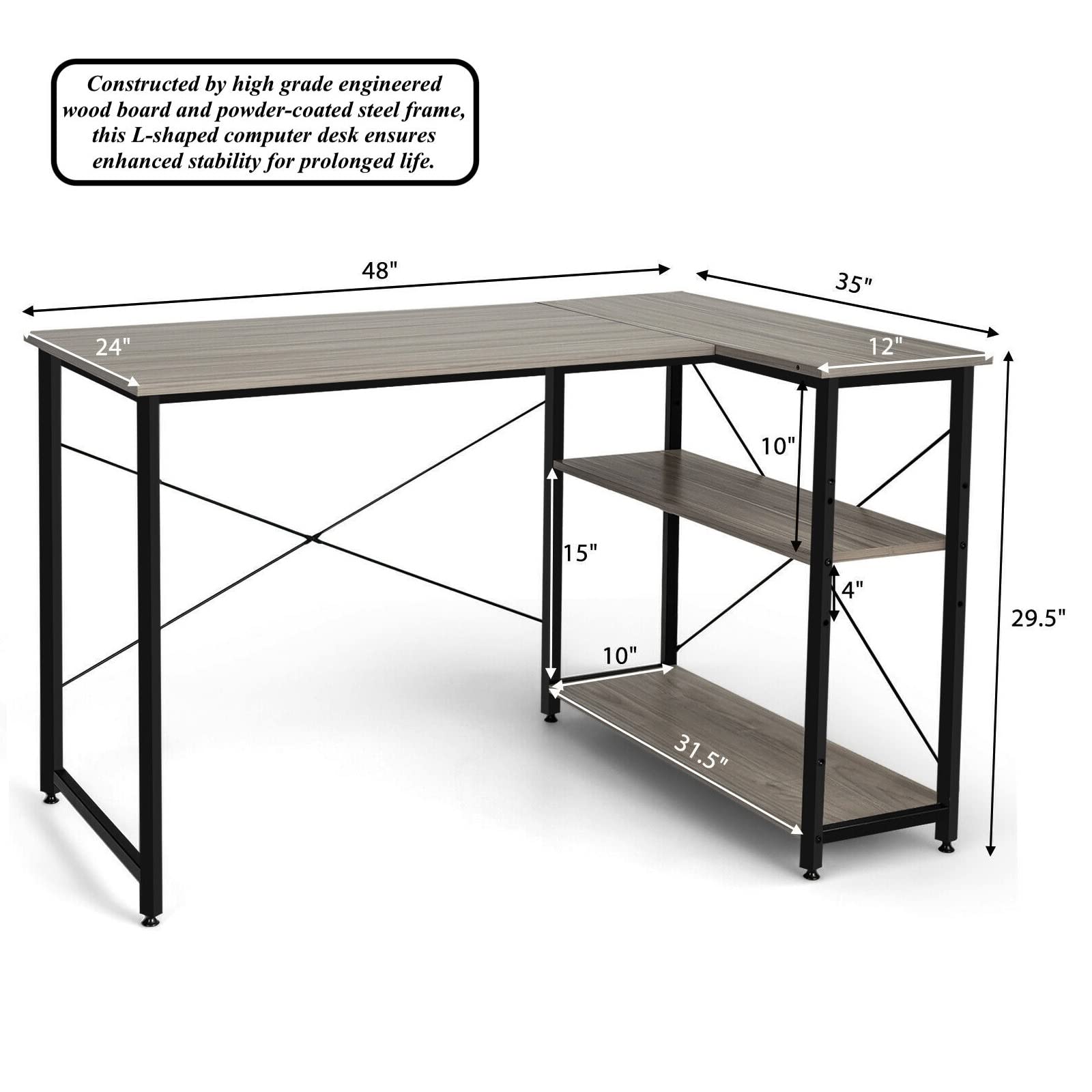 L-Shaped Computer Desk with 2-Tier Shelf - 48