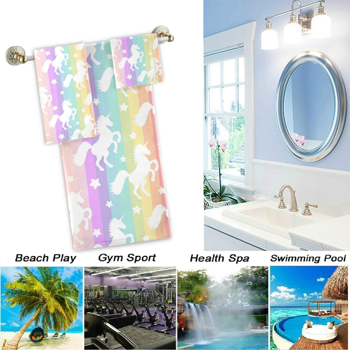 Rainbow Stripe Unicorn Star Soft Luxury 3-Piece Towel Set - 1 Bath Towel, 1 Hand Towel, 1 Washcloth | Ultra Absorbent & Decorative for Bathroom, Hotel, Gym, Spa, Beach | Perfect for Kids' Rooms, Birthday Gifts & Themed Decor