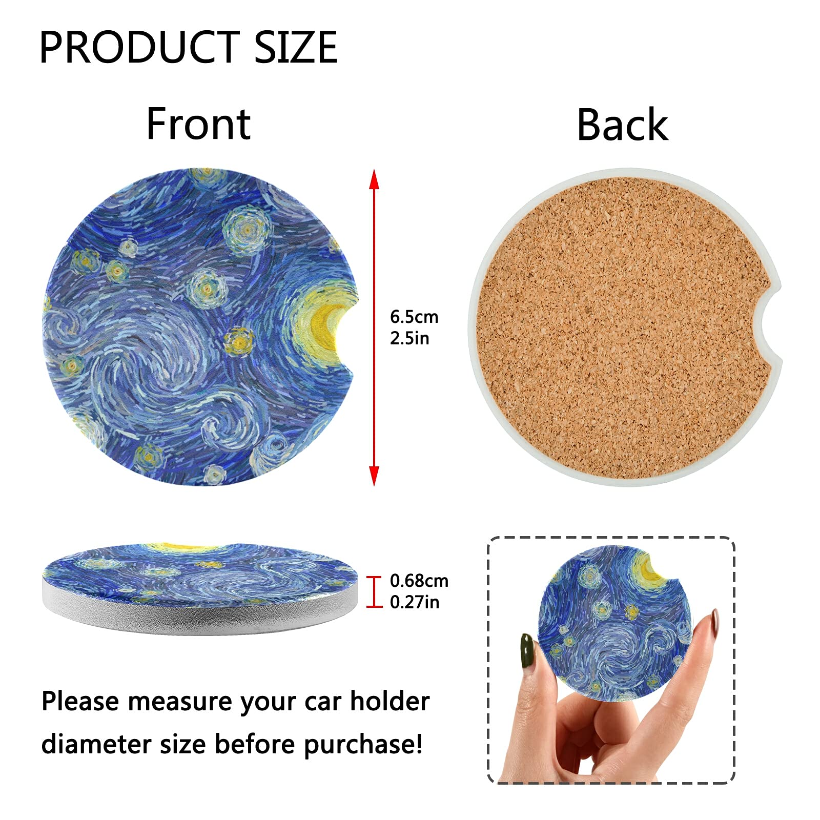 Starry Night Car Coasters 2 Pack - Absorbent Ceramic Stone Cup Holders with Non-Slip Grip for Cars, SUVs & Trucks | Perfect for Coffee, Soda & Water Bottles