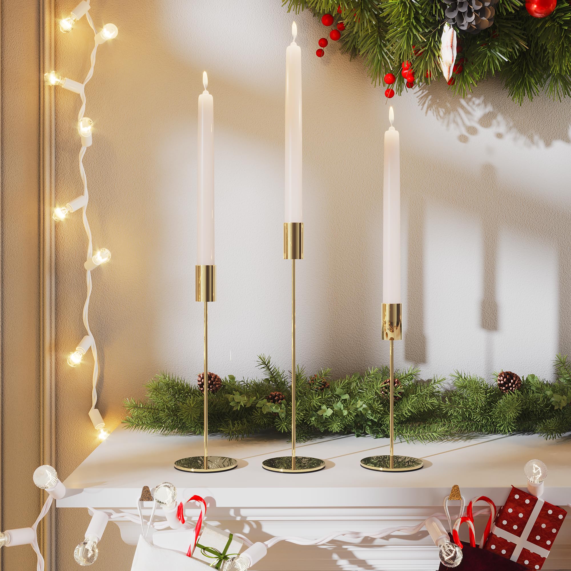 French Gold Candlestick Holders Set of 3 - Elegant Taper Candle Holders for Weddings, Dining & Parties - Fits 3/4 Inch Candles - Perfect for Romantic Dinners, Centerpieces & Home Decor