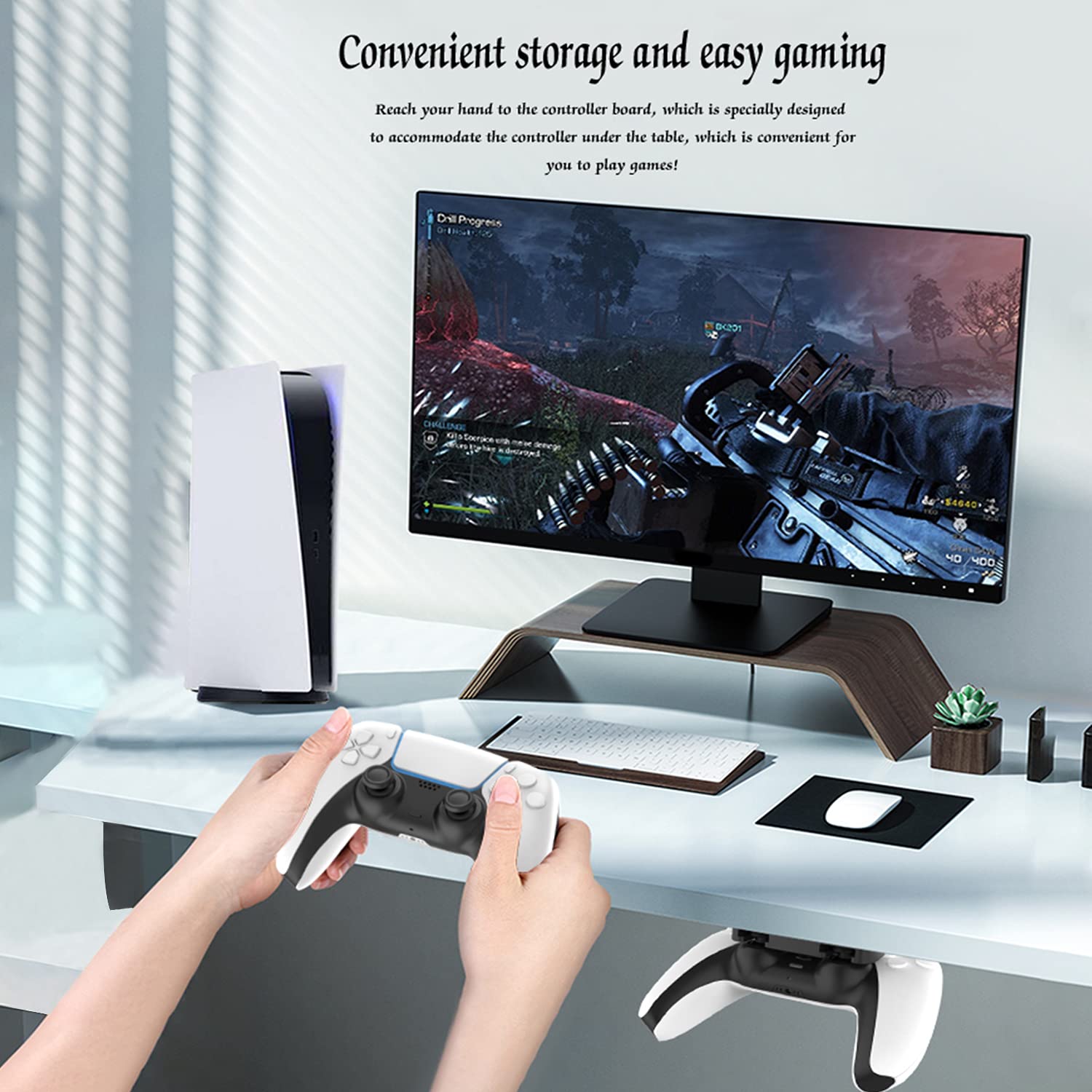 PS5 & PS4 Controller Under Desk Mount Holder - DualSense & DualShock 4 Stand for Playstation 5/4 - Desk Organizer & Gaming Accessory for Home Office Setup