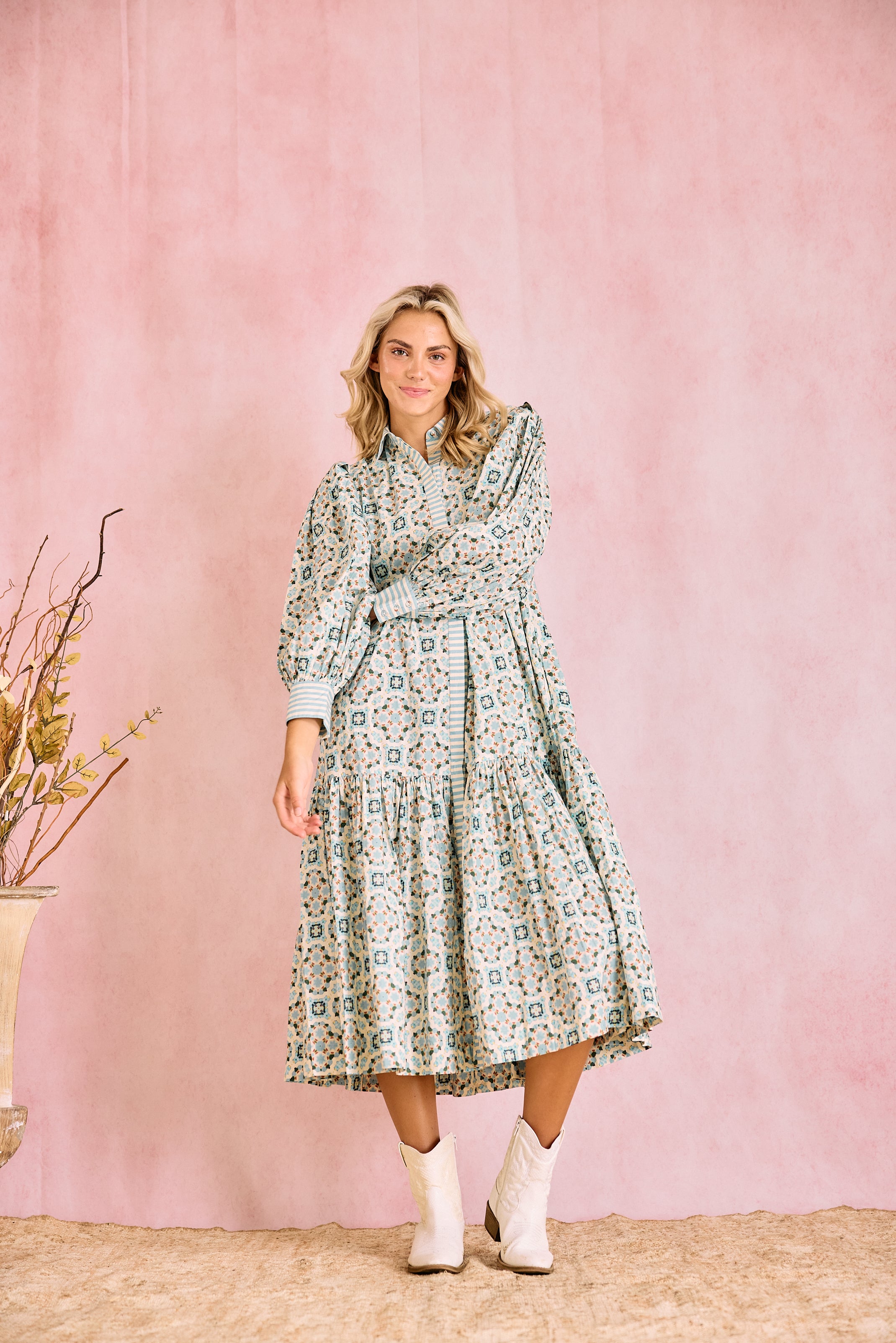 Laura Long Sleeve Quatrefoil Print Dress in Blue & Ivory - Elegant Office Wear & Casual Party Outfit