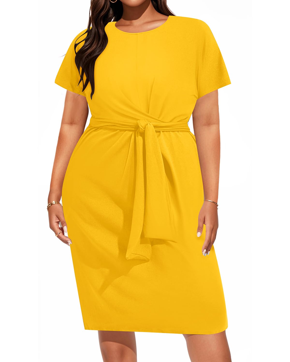 Mustard Yellow Plus Size Women's Dress - Elegant Church, Work, Business & Semi-Formal Attire | Wedding Guest & Cocktail Party Knee-Length Dress for Women
