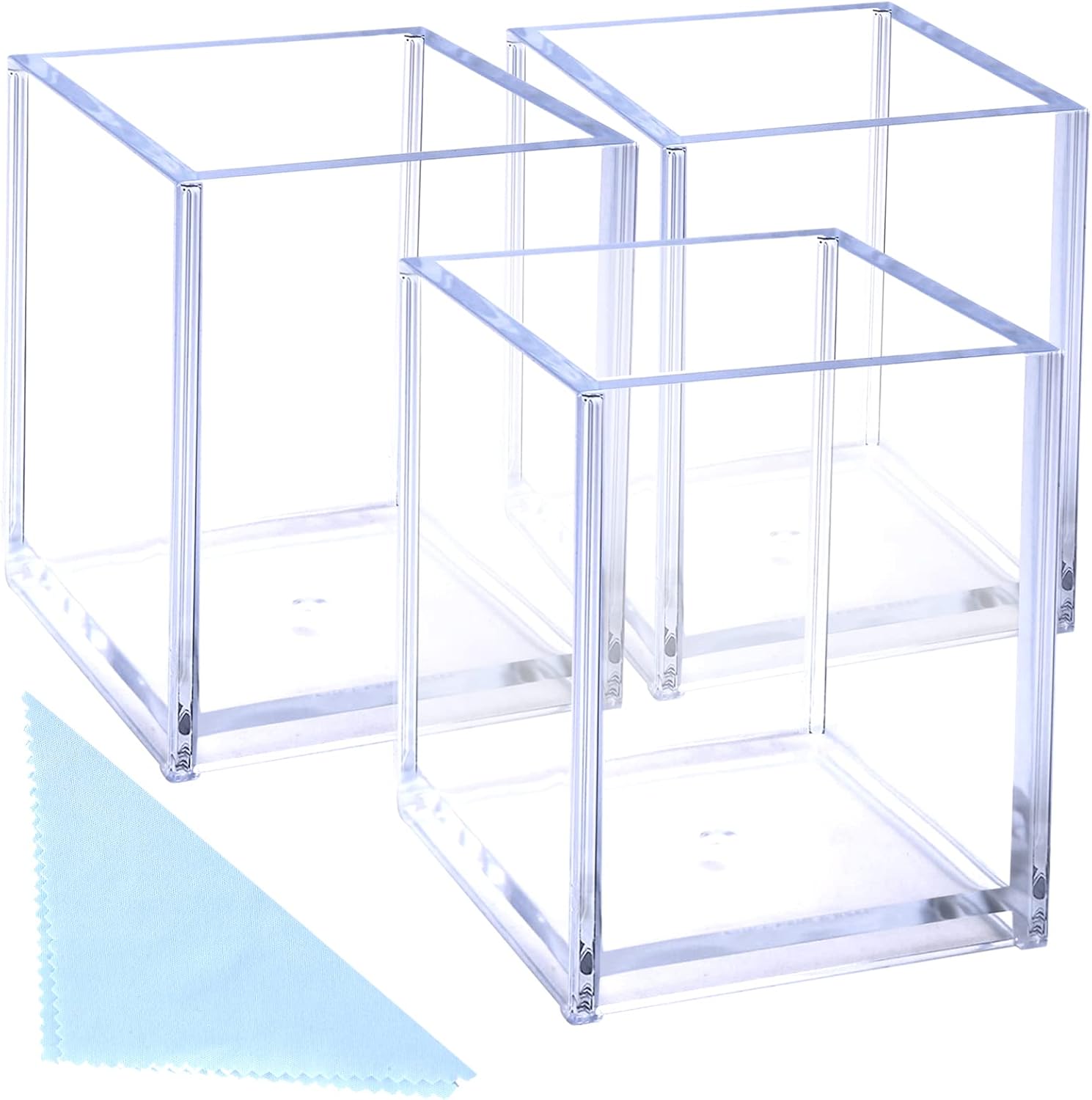 3-Pack Clear Acrylic Pen Holder & Makeup Brush Organizer - Desk Storage Cup for Pencils, Stationery, Office & School Supplies (Includes Cleaning Cloth) - Perfect for Home, Office & Classroom Organization