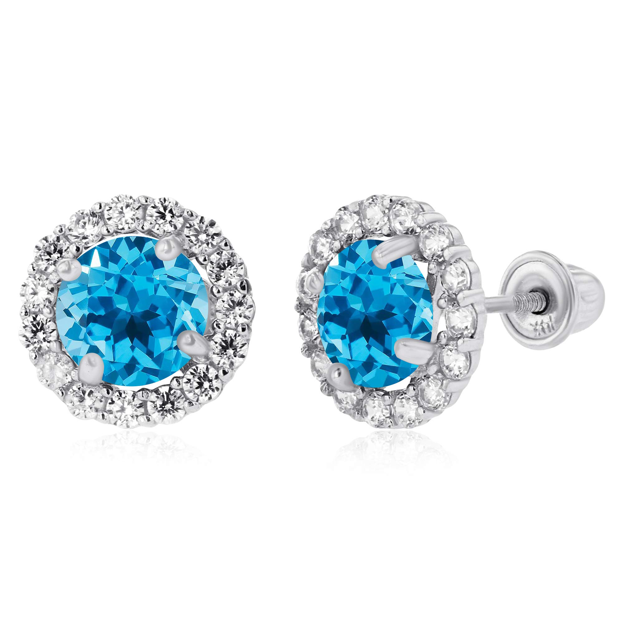 14K Solid Gold 8mm Halo Natural Birthstone Screwback Stud Earrings for Women | 4mm Round Birthstone | 1.25mm Created White Sapphire Earrings | Perfect for Birthdays, Anniversaries & Everyday Elegance