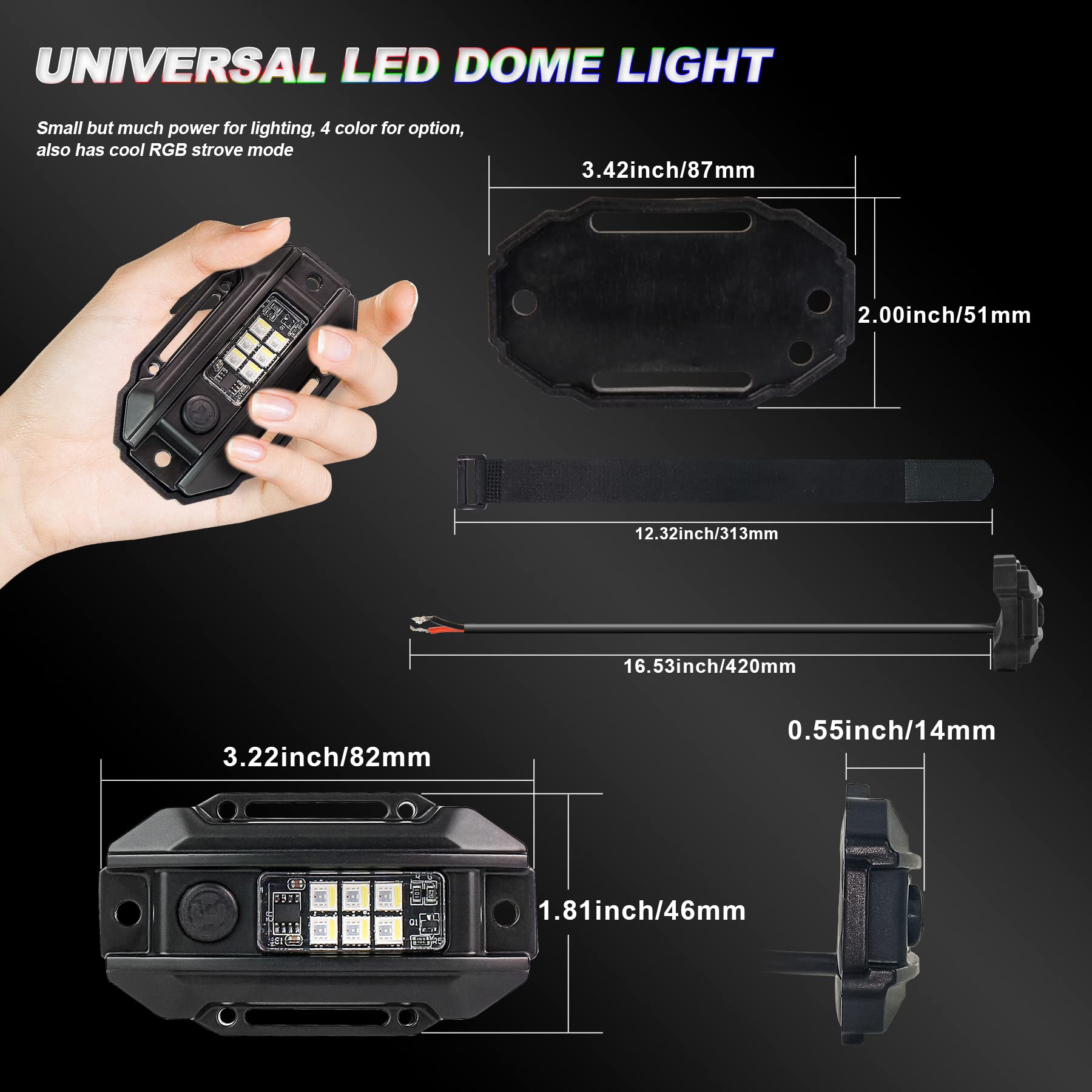 RGB White UTV Dome Light - Universal Switch RGB Strobe Roll Bar Mount LED Interior Light for UTV ATV Polaris RZR Can Am Truck Car (White/Red/Green/Blue) - Perfect for Off-Roading, Night Driving & Interior Lighting