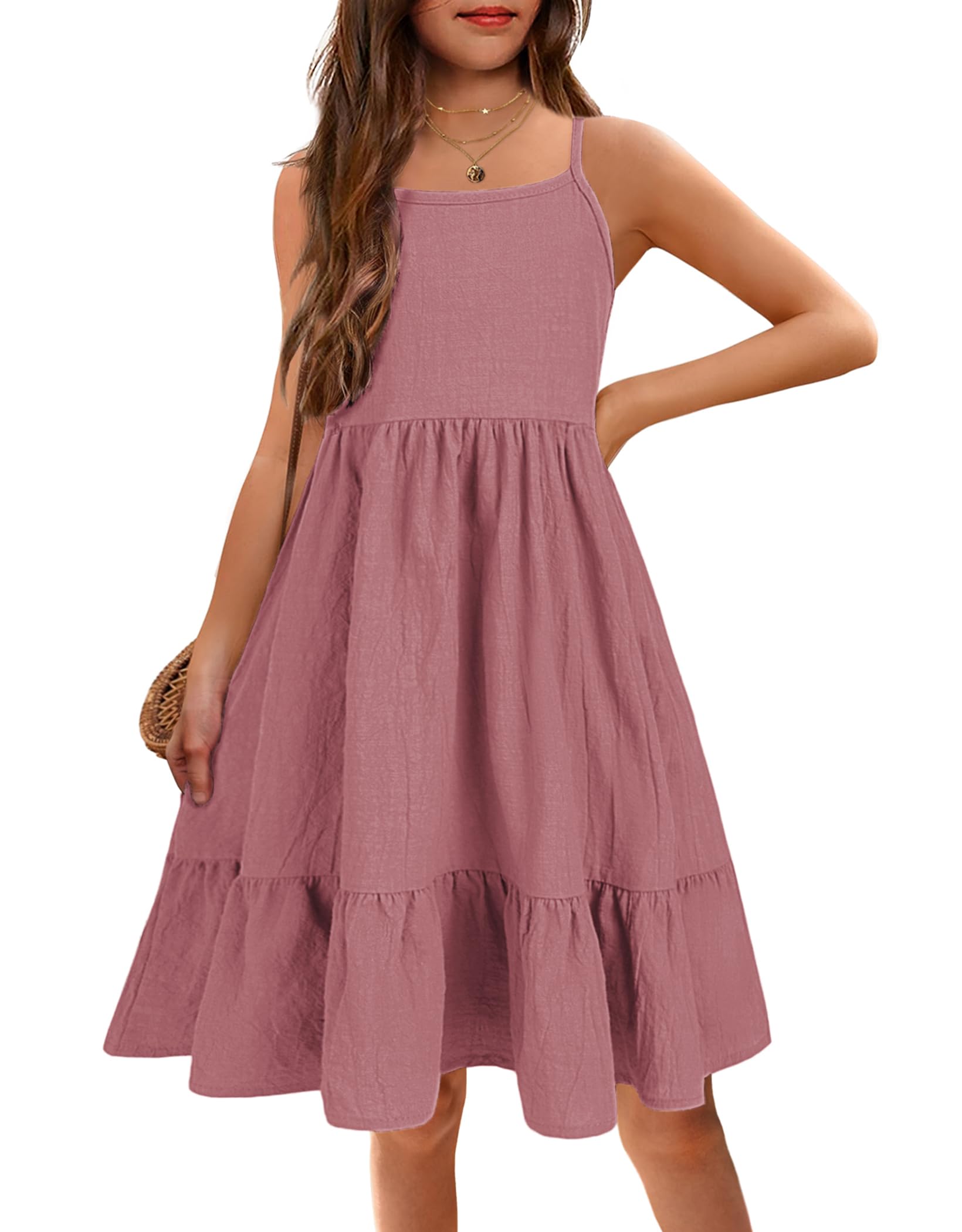Arshiner Girls Summer Sundress - Spaghetti Strap Linen Midi Dress for Teens, Casual Cami Dress with Pockets | Perfect for Beach Vacations, Picnics & Summer Outings