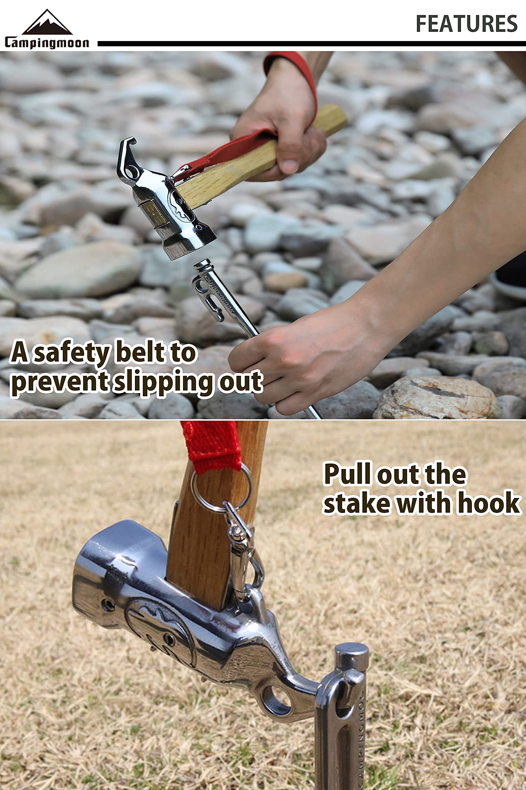 CAMPINGMOON Camping Hammer - Stainless Steel Head & Wood Handle Tent Stake Hammer with Tarp Stake Remover - Perfect for Outdoor Camping, Hiking & Backpacking Adventures
