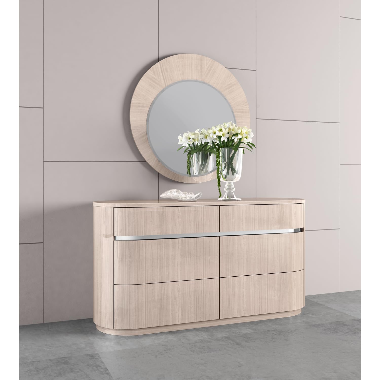 High Gloss Beige Round Wall Mirror - Modern Decorative Waves Design for Living Room, Bedroom & Bathroom Decor
