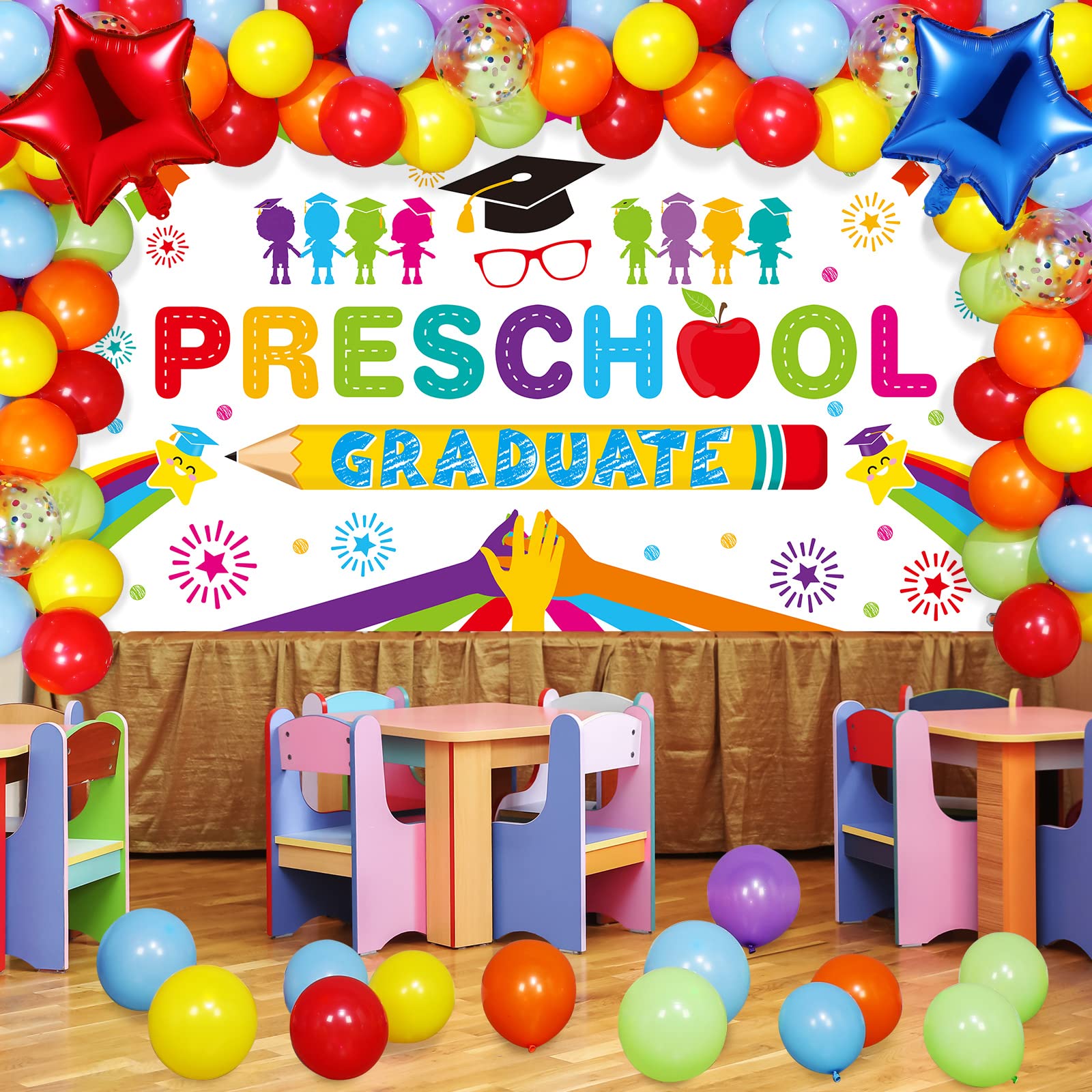 Oudain 2025 Kindergarten Graduation Party Decorations Kit - Preschool Graduation Backdrop, Balloon Garland & Party Supplies (White) | Perfect for Preschool to Elementary School Celebration Decorations