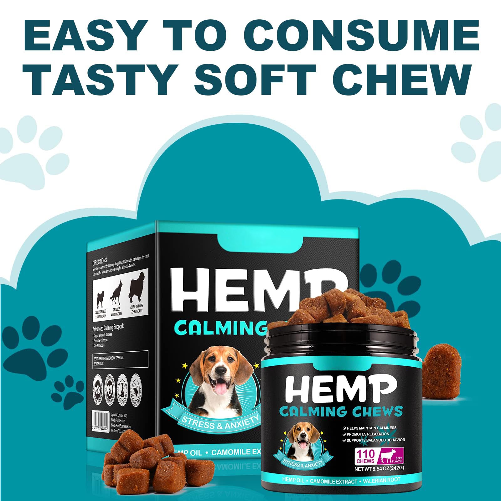 Yecuce Calming Chews for Dogs - Anxiety & Stress Relief Treats with Beef Flavor (110 Count) - Helps Reduce Barking, Separation Anxiety, Thunder & Travel Stress - Perfect for Nervous Dogs During Storms, Vet Visits, and Car Rides
