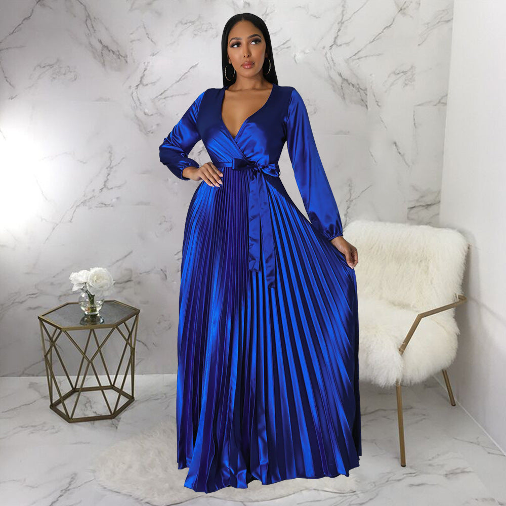 Lovevop Celmia Elegant Satin Dress for Women - Sexy V-Neck Bandage Maxi Sundress with Ruffled Long Sleeves, Solid Color Casual Party Dress for Evening Events, Date Nights & Special Occasions