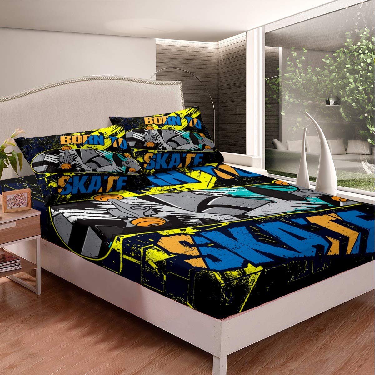 Skateboard Printed Queen Size 3-Piece Bed Sheet Set - Deep Pocket Fitted Sheet & 2 Pillowcases for Teens & Young Adults | Colorful Dyeing Background Design | Perfect for Dorm Rooms, Teen Bedrooms & Skateboard Enthusiasts