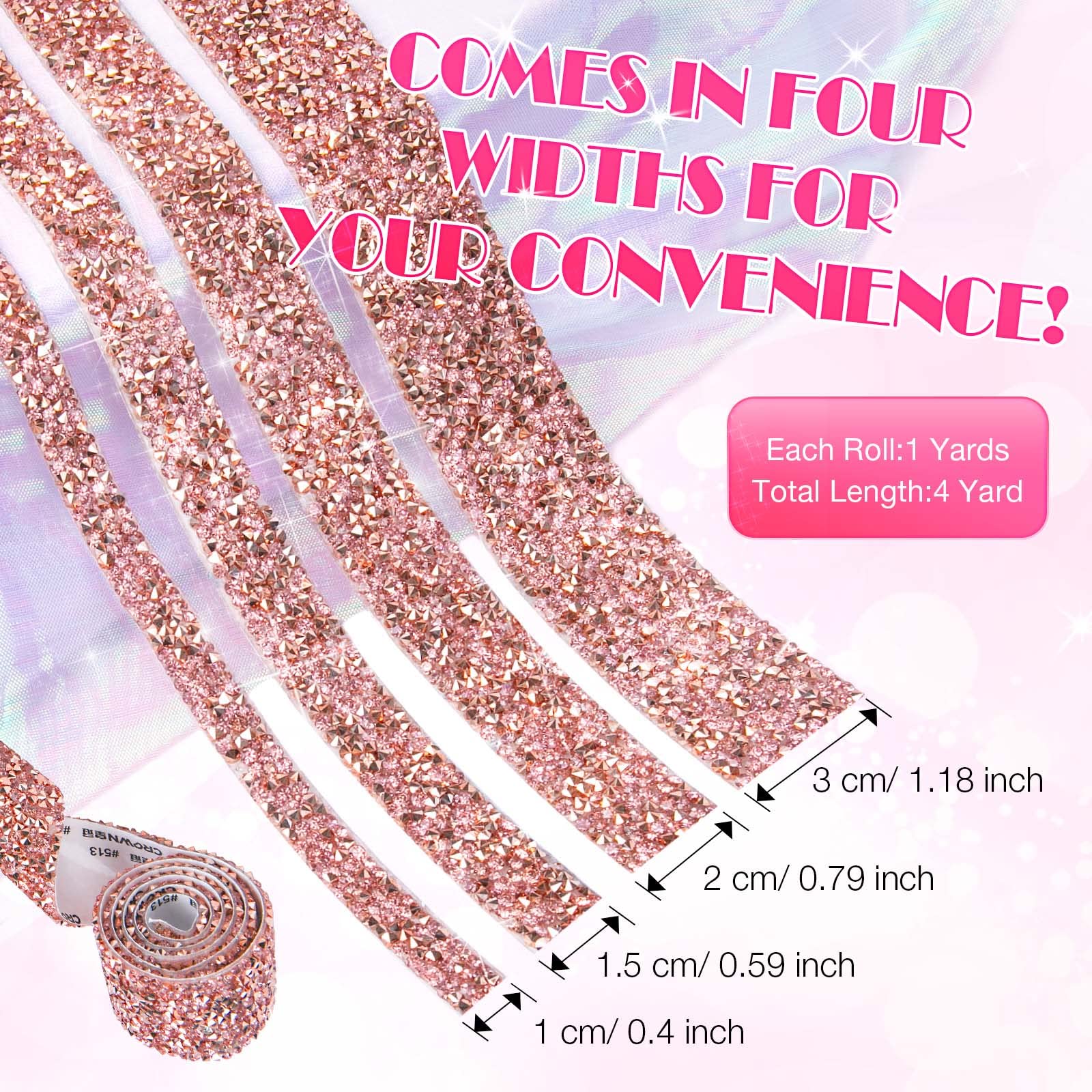 4 Rolls Self-Adhesive Rose Gold Rhinestone Ribbon - Sparkling Crystal Diamond Strips for DIY Crafts, Phone & Car Decor, Birthday Party & Wedding Decorations (Perfect for Gift Wrapping, Nail Art & Home Decoration)