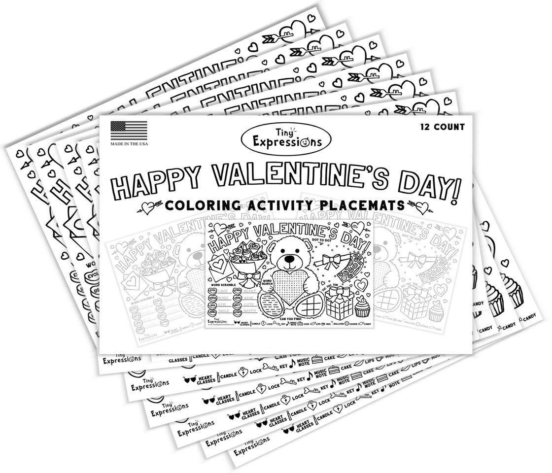 Valentine's Day Coloring Placemats for Kids - Pack of 12 Disposable Paper Place Mats with Fun Activities & Games - Perfect for Valentine's Party, Classroom Celebrations & Family Dining - Tiny Expressions