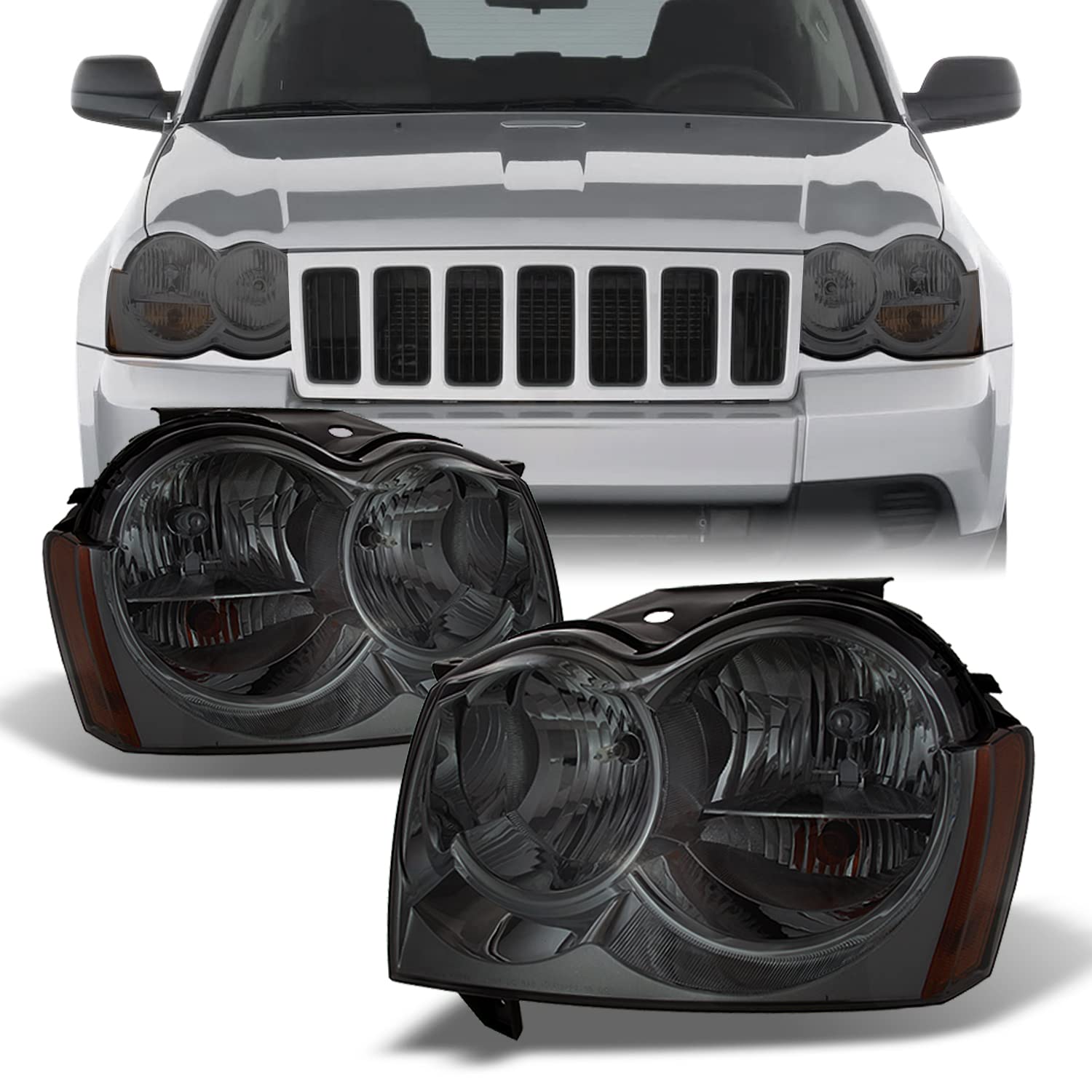 AKKON Smoked Headlights Replacement Pair for Jeep Grand Cherokee - Driver & Passenger Side - Upgrade Your Ride for Night Driving & Off-Road Adventures