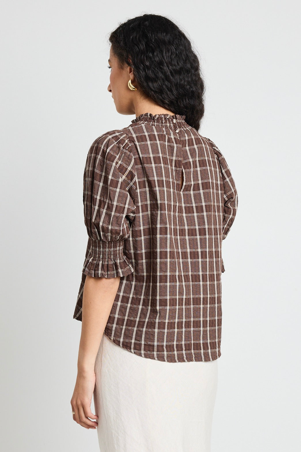Trendy Chocolate Check Print High Neck Short Sleeve Tops for Women - Perfect for Casual Outings, Office Wear & Date Nights