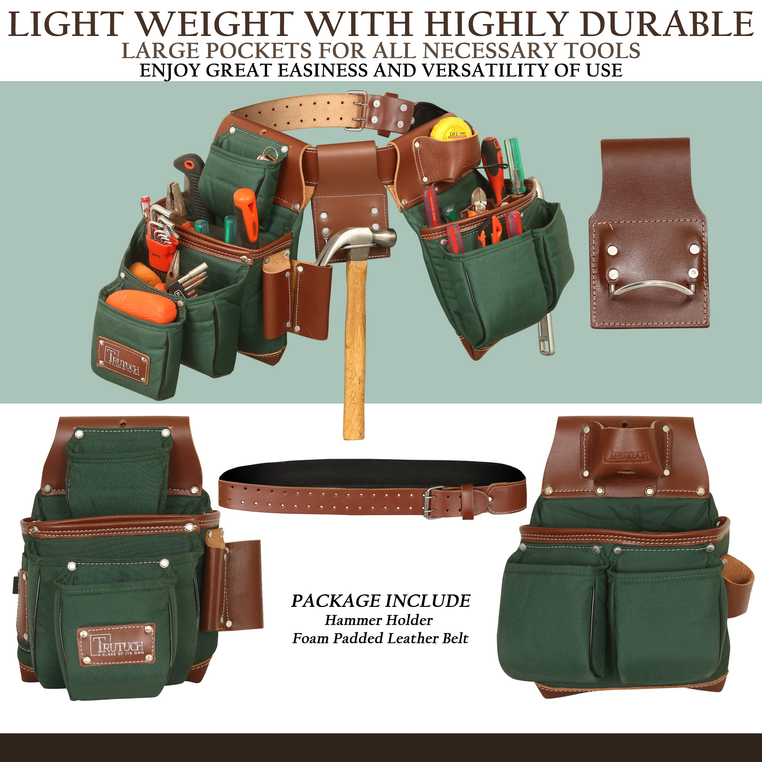 Durable Nylon & Leather Tool Belt for Carpenters, Electricians & Construction Workers - Heavy Duty Framing Tool Bag with Pouch - Perfect for Job Sites & DIY Projects (Green)