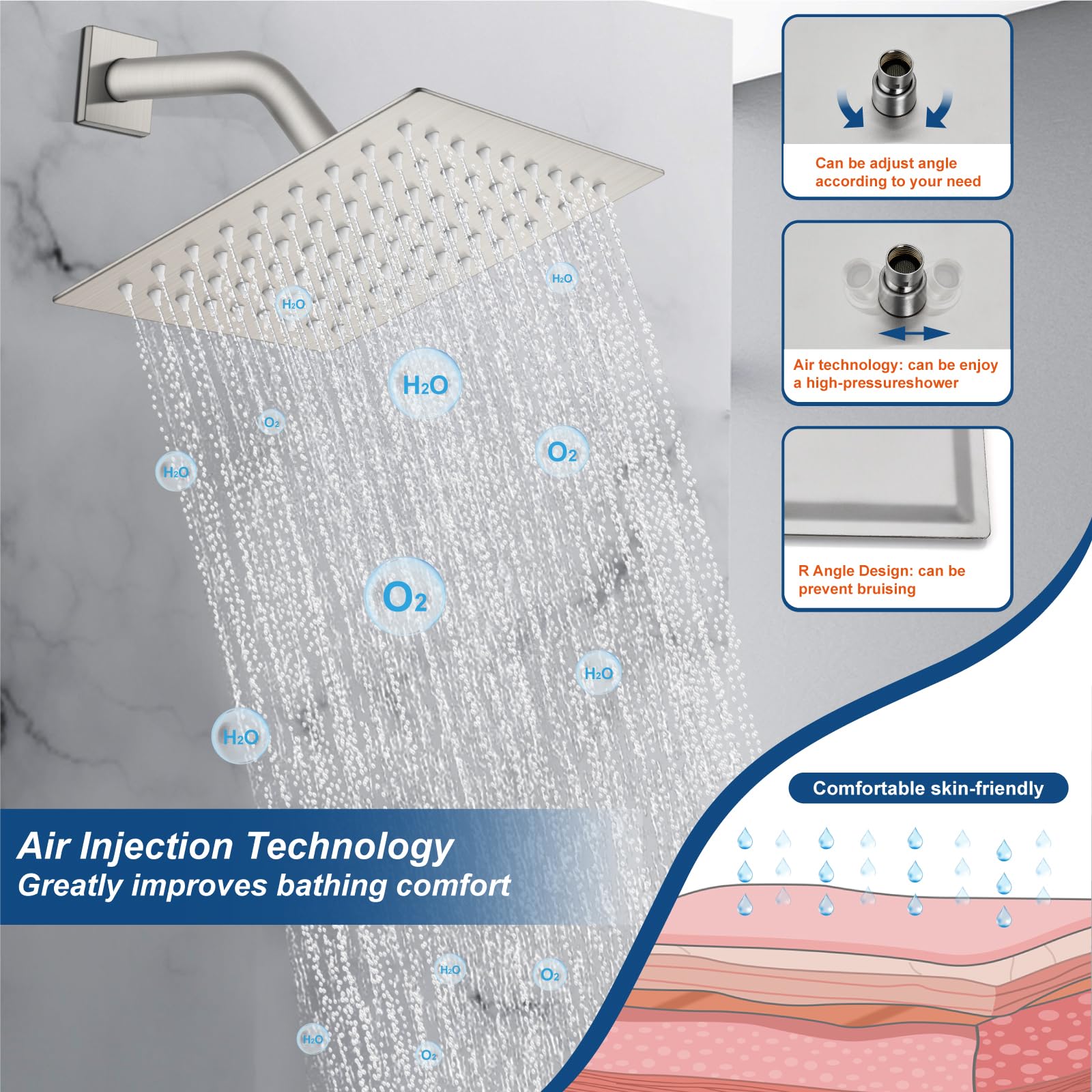 Midanya 8 Inch Square Rainfall Shower System - Brushed Nickel Wall Mount Shower Faucet Set with Hand Sprayer, Rough-in Valve & Trim Kit - Luxury Bathroom Mixer Combo for Spa-Like Experience