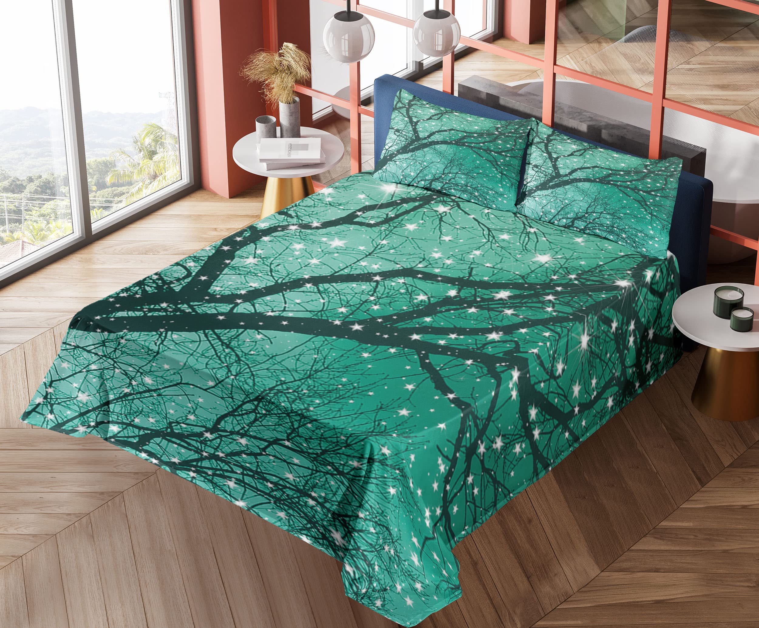 Ambesonne 4-Piece King Size Sheet Set - Monochrome Winter Tree & Stars Design, Fitted & Flat Sheets with Pillowcases, Dark Teal & Sea Green - Perfect for Cozy Winter Nights & Holiday Bedroom Decor