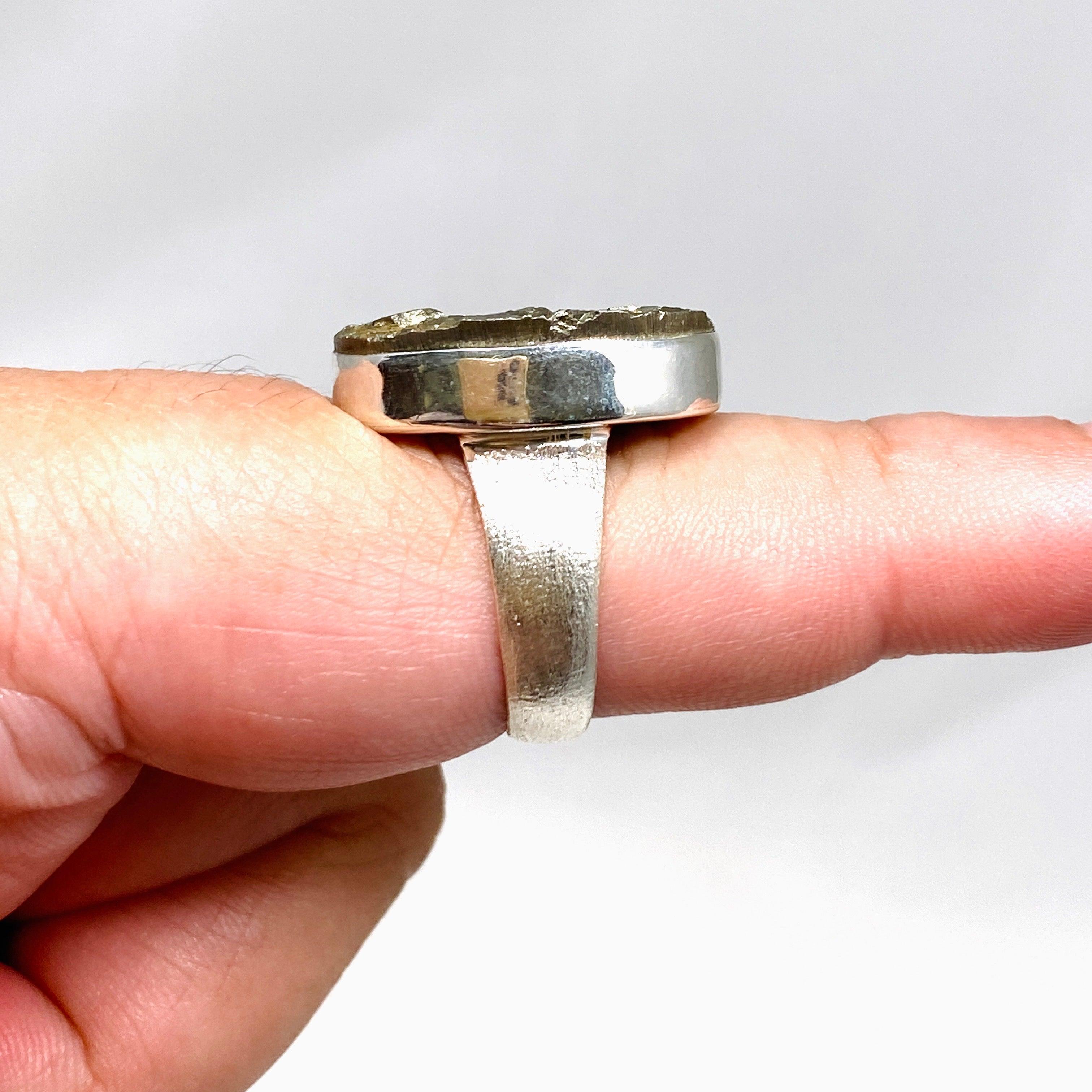 Natural Pyrite Raw Oval Ring with Brushed Silver Band - Size 9 - KRGJ3194 - Perfect for Boho Jewelry Lovers & Crystal Healing Enthusiasts