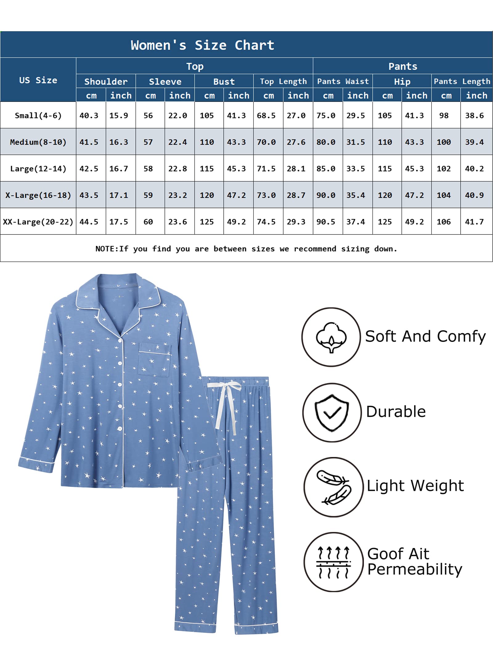 Leikar Women's Soft Button Up Pajama Set - Long Sleeve Shirt & Lounge Pants | Cozy Sleepwear for Nighttime & Relaxing at Home