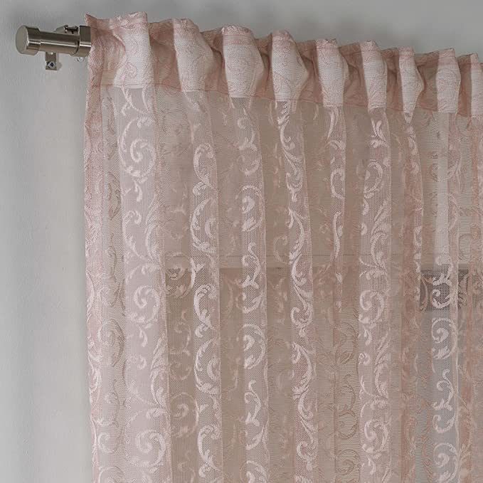 Elegant Pink Lace Sheer Extra Long Floral Curtains Set of 2 Panels - Rod Pocket & Back Tab - 52