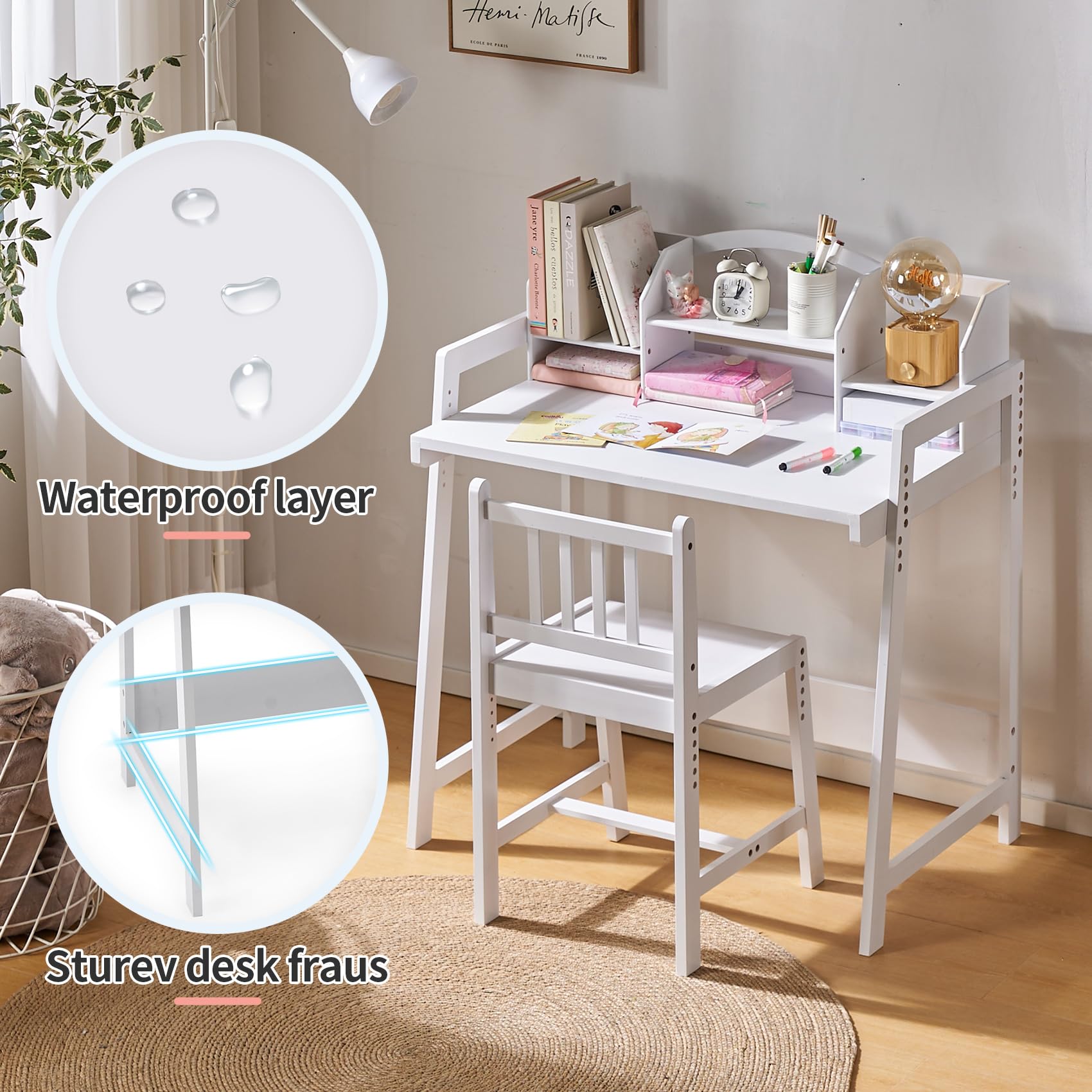 UNICOO Adjustable Height Bamboo Kids Desk and Chair Set - Ergonomic Study Desk for Children, Perfect for Writing, Drawing & Homework - Eco-Friendly & Durable Kids Furniture for Bedroom, Classroom & Homeschooling (White)