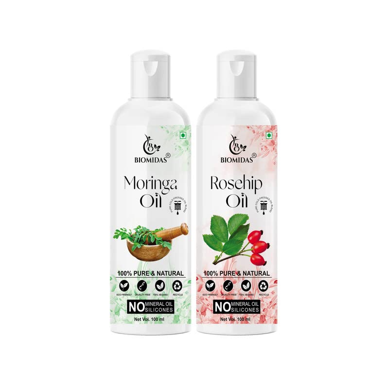 Biomidas 100% Pure Moringa Oil & Rosehip Oil Combo Set - 100ML Each for Hair Growth, Anti Hair Loss, Split Ends Repair & Shiny Hair Treatment (Pack of 2) | Natural Hair Care for Dry, Damaged Hair & Scalp Nourishment