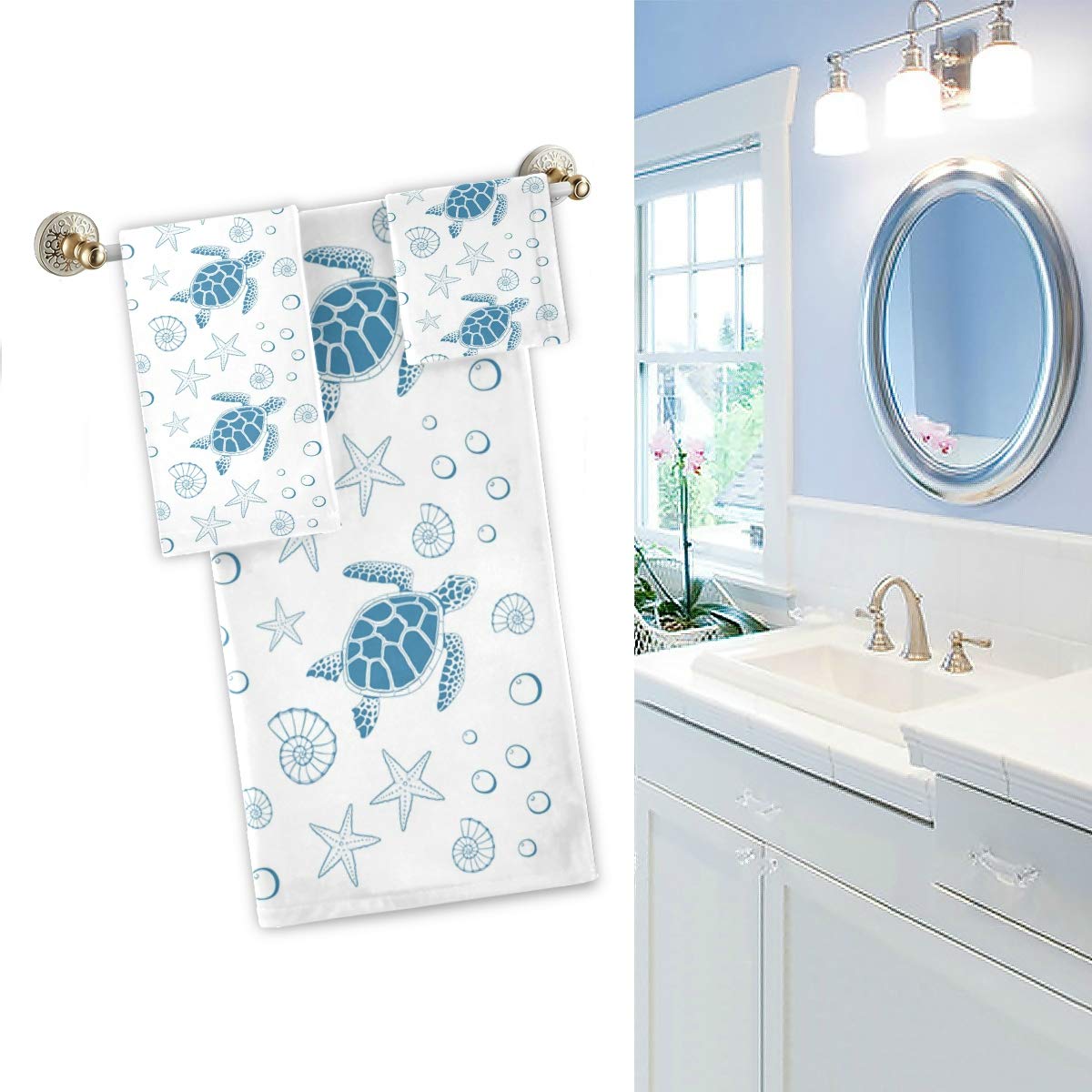 Premium Soft Luxury 3-Piece Bath Towel Set - 1 Bath Towel, 1 Hand Towel, 1 Washcloth with Ocean Turtle & Starfish Shell Design | Ultra Absorbent for Bathroom, Hotel, Gym, Spa & Beach Use | Blue & White Coastal Decor