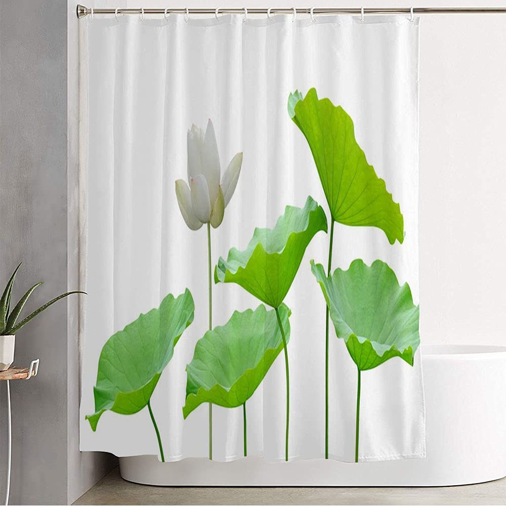 Waterproof Zen Bathroom Shower Curtain Set with Hooks - 72×78 Inch Chinese Lily Flower & Leaf Design in White - Perfect for Spa, Yoga, and Summer Bathroom Decor